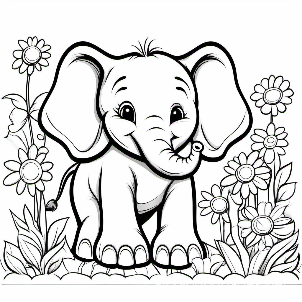 A smiling baby elephant basking in the sun, surrounded by beautiful flowers, kids coloring book, very thick line, colorless, simple drawing, cartoon, white background, no color, no shading., Coloring Page, black and white, line art, white background, Simplicity, Ample White Space. The background of the coloring page is plain white to make it easy for young children to color within the lines. The outlines of all the subjects are easy to distinguish, making it simple for kids to color without too much difficulty