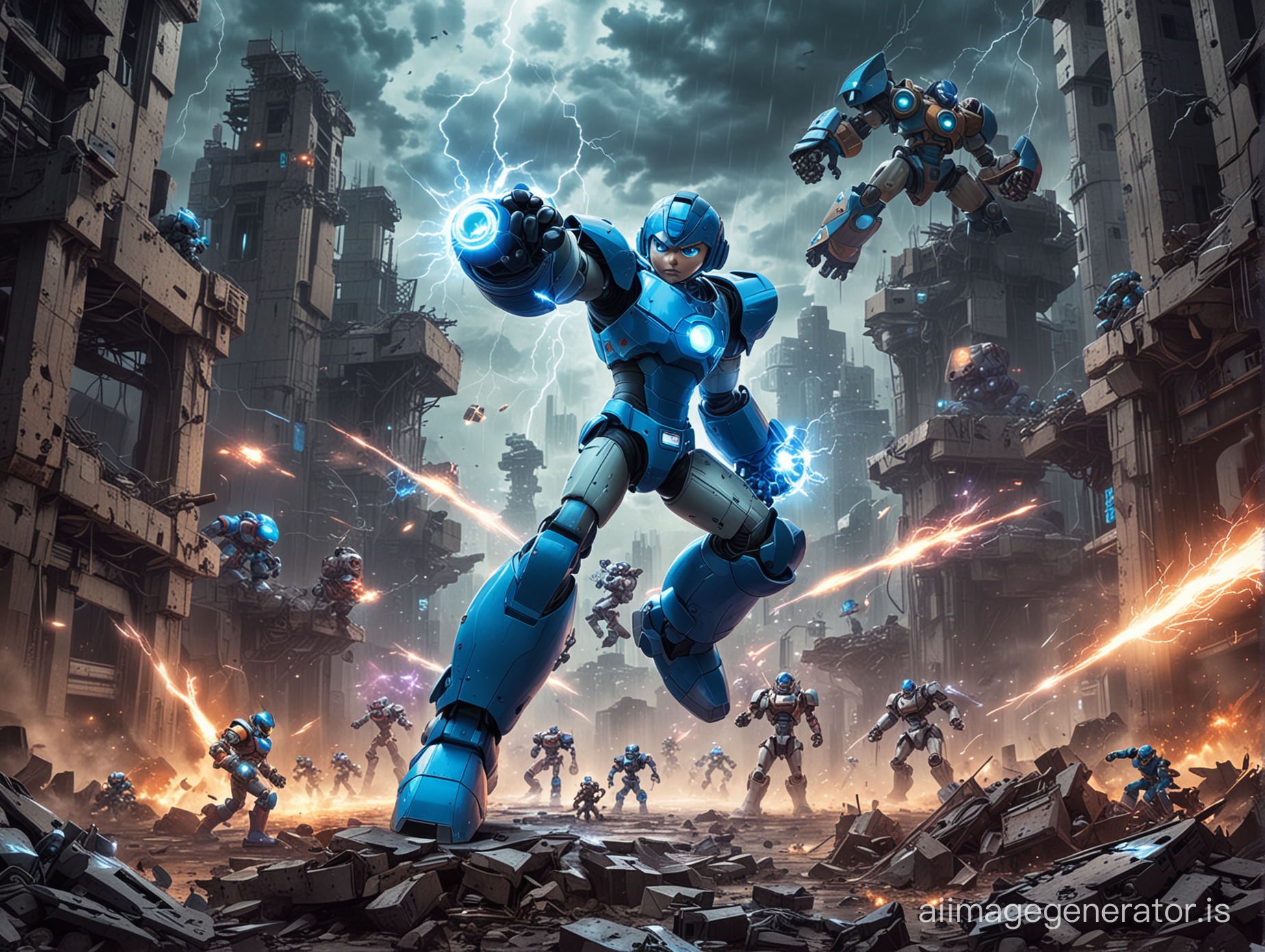 Megaman fighting a bunch of robots in a ruined futuristic city with lightning flashing in the sky