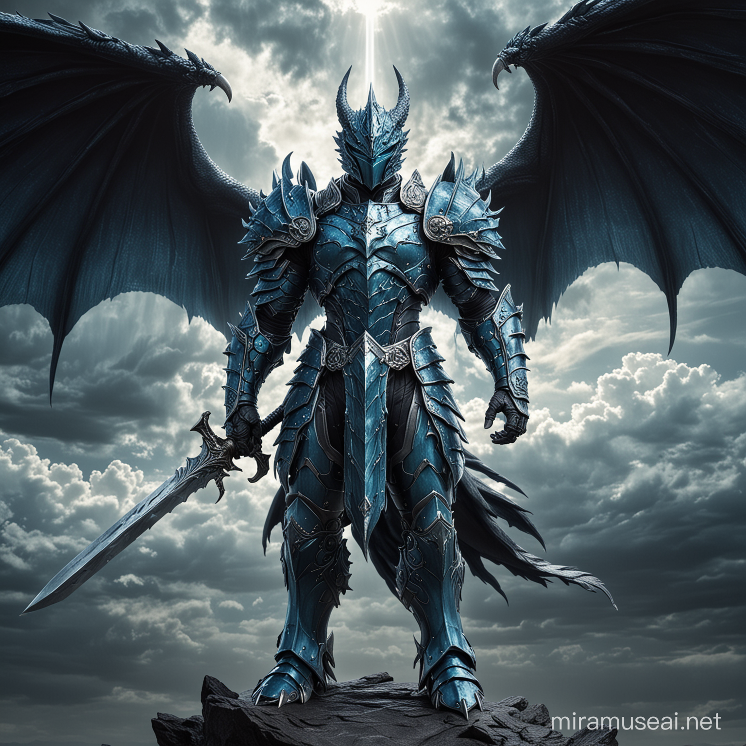 Draconian knight, dragonoid human angel, seraph, draco scaley skin, blueish hue, dark texture, muscular build, dragon tail, angelic dragon armor, standing 11 ft tall, holding a sword and shield, dark clouds