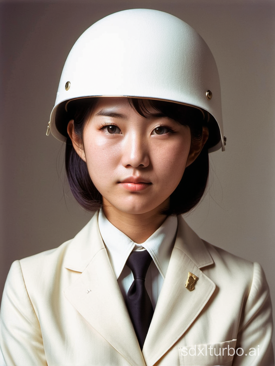 A young Japanese woman with a white M1 US Army helmet Wearing a white suit.Colored old head photo, 1968