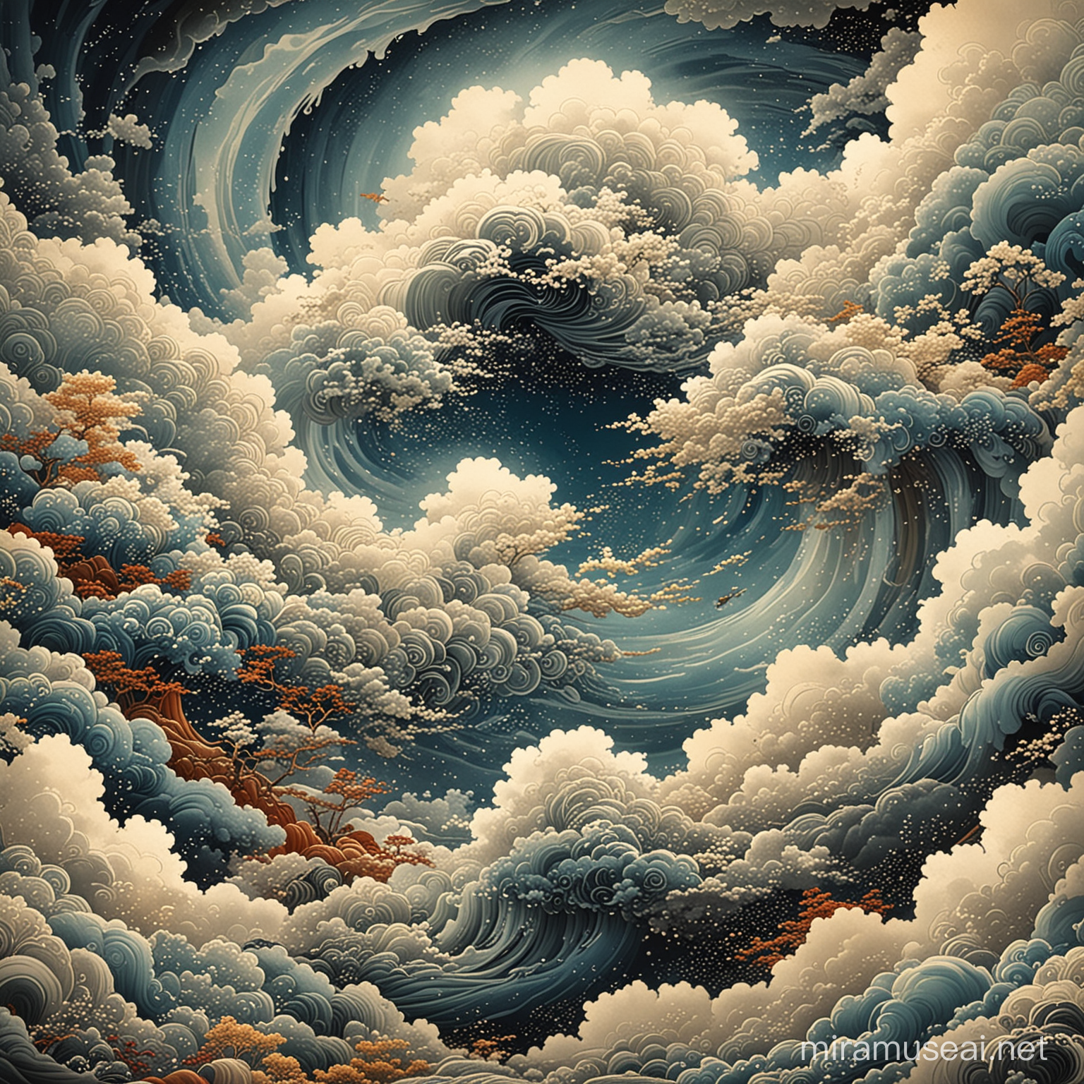 Fractal Japanese Cloud Swirl Sky Ukiyoe Style Art