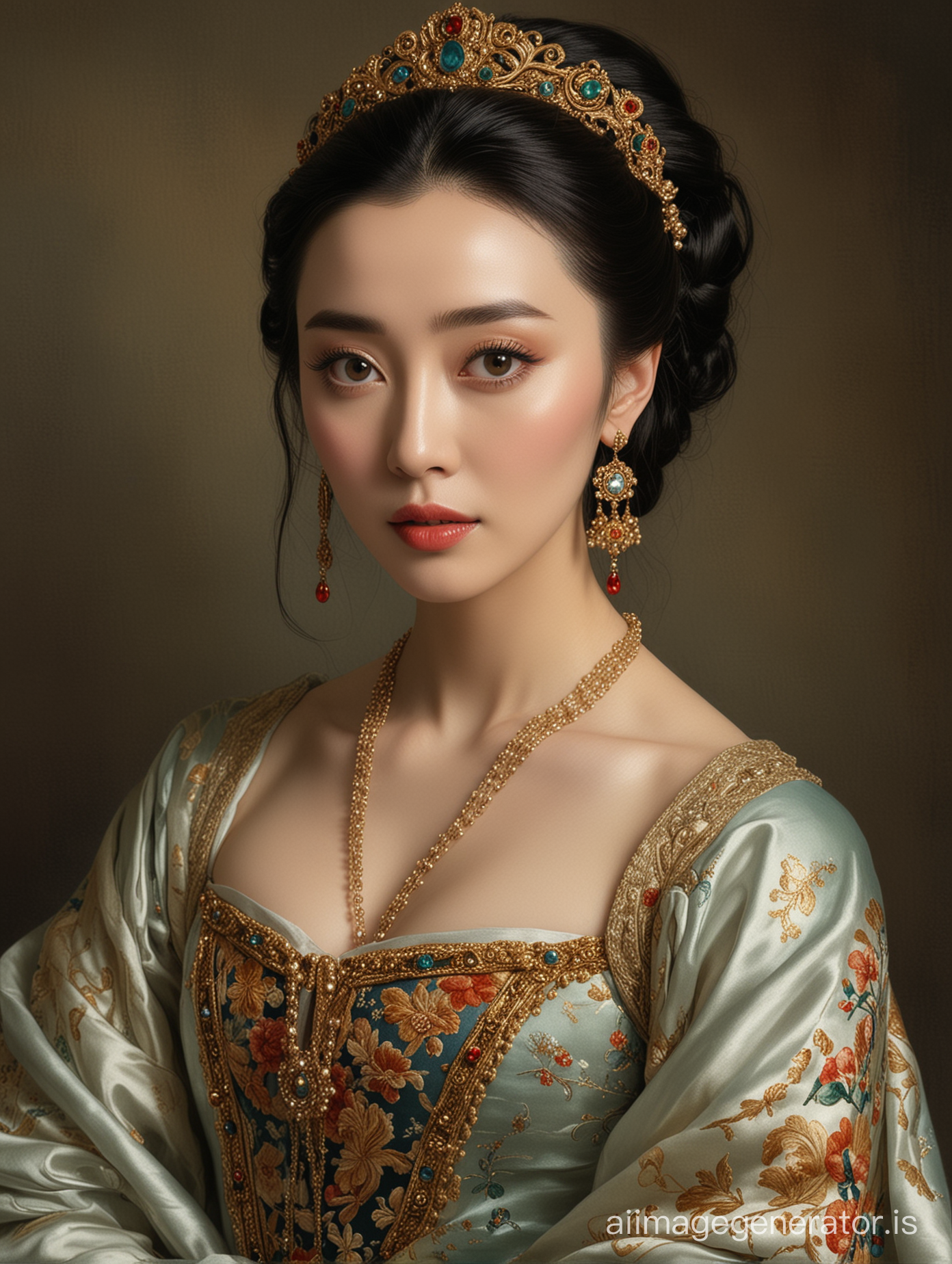 Portrait of Fan Bingbing in the style of a Renaissance oil painting: Emphasize rich colors, dramatic lighting, and elegant fabrics.