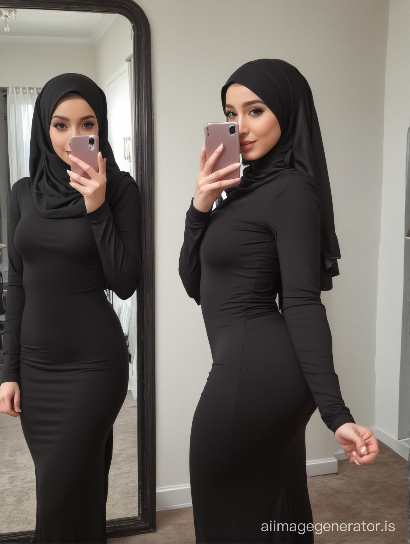 tight back dress, black hijab, mirror selfie, ass