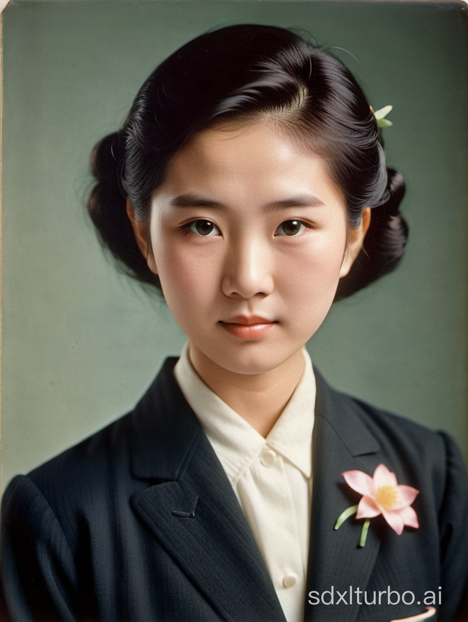 A Japanese young woman in a black suit .Colored old head photo, 1955