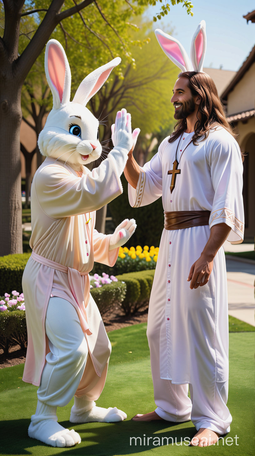 Rizzin Jesus and Easter Bunny High Five Joyful Celebration of Religious and Festive Harmony