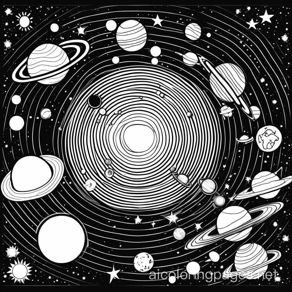 SOLAR SYSTEM, Coloring Page, black and white, line art, white background, Simplicity, Ample White Space. The background of the coloring page is plain white to make it easy for young children to color within the lines. The outlines of all the subjects are easy to distinguish, making it simple for kids to color without too much difficulty