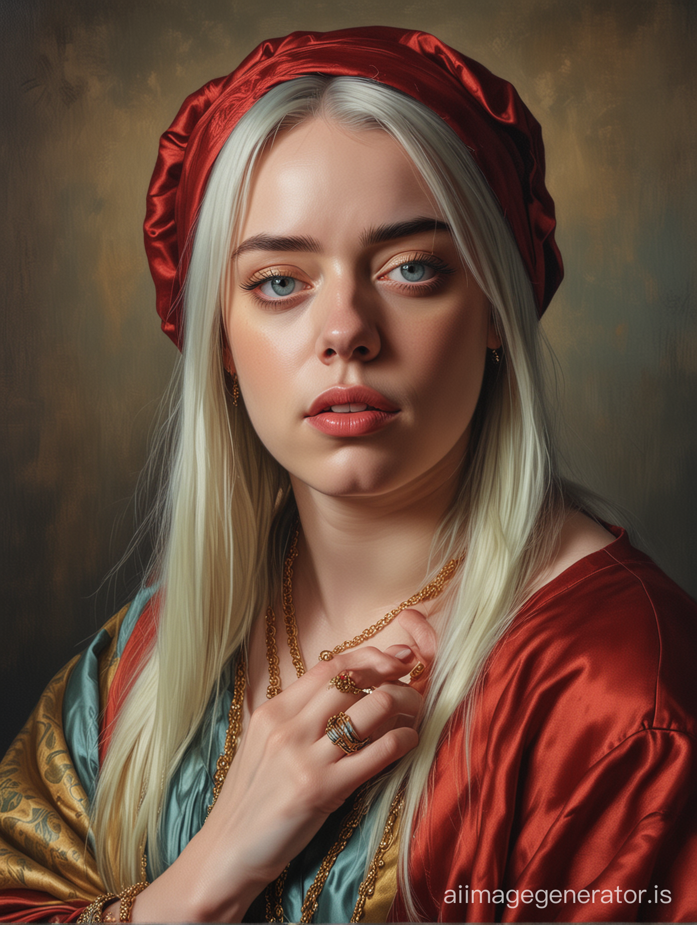 Portrait of billie eilish in Renaissance oil painting style: Emphasizes rich colors, dramatic lighting, and elegant fabrics.