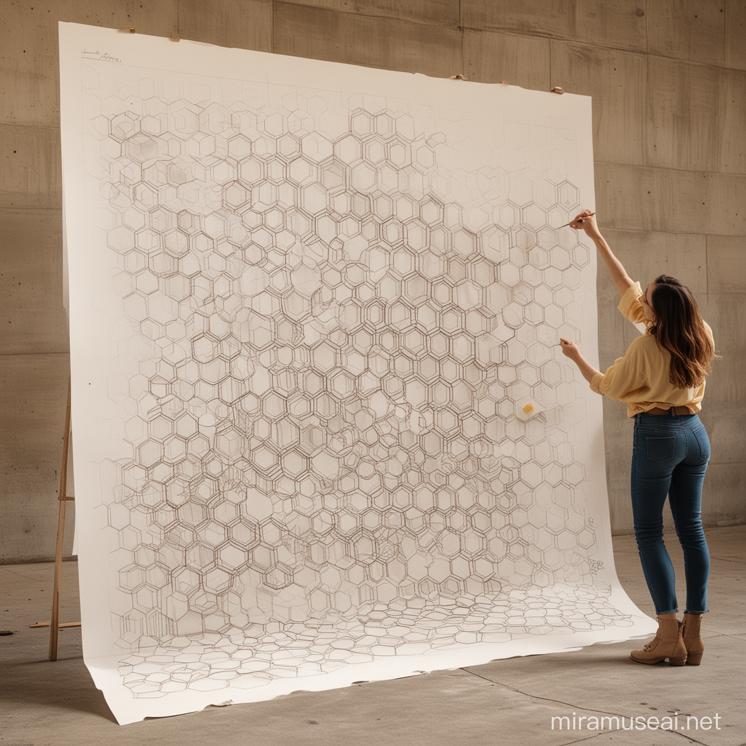 a woman drawing a honeycomb on the chart paper turns to real honeycomb turns to a building inspired by the honeycomb