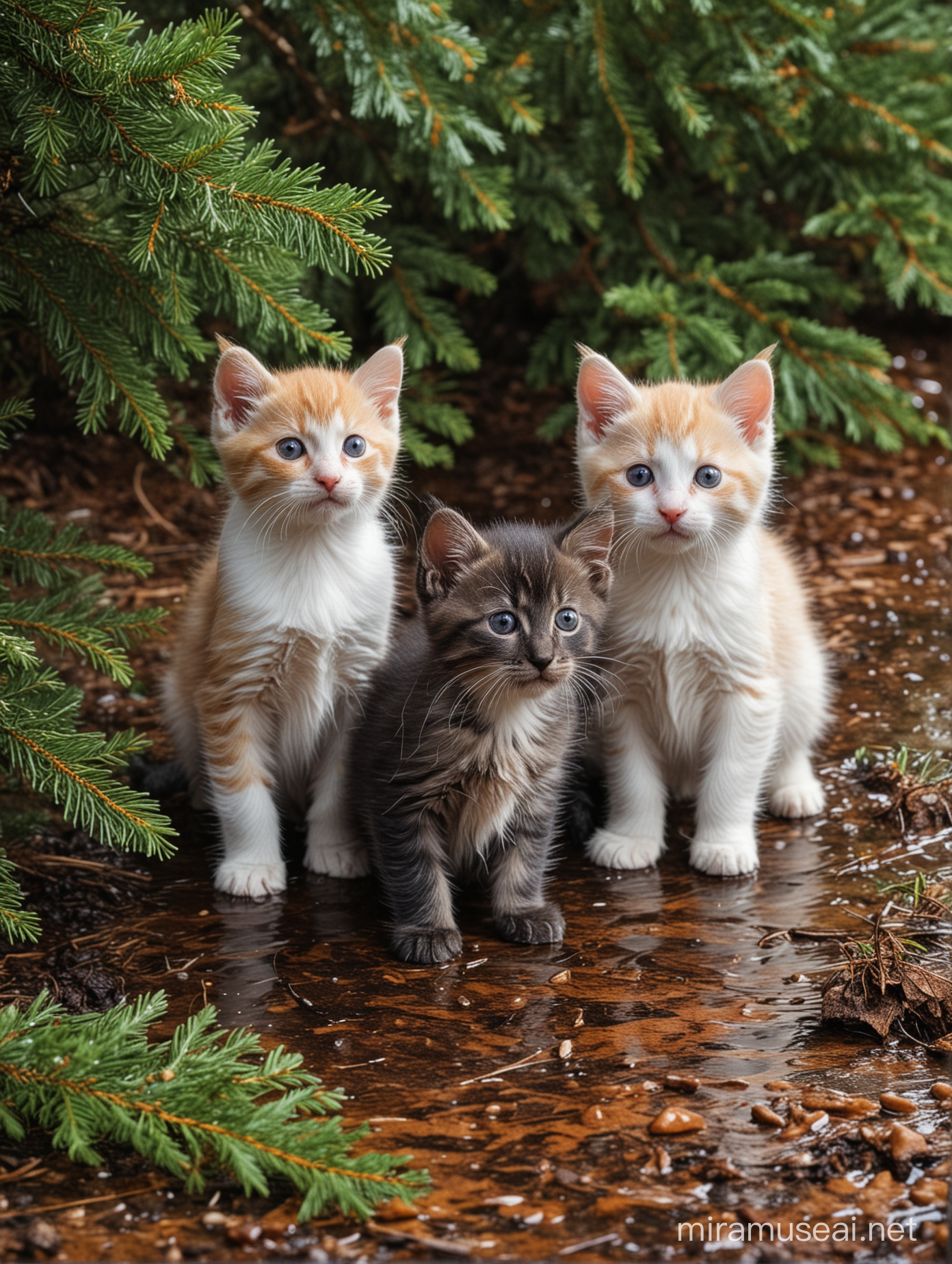 Colorful Kittens Spilled and Wet in Forest Under Fir Tree