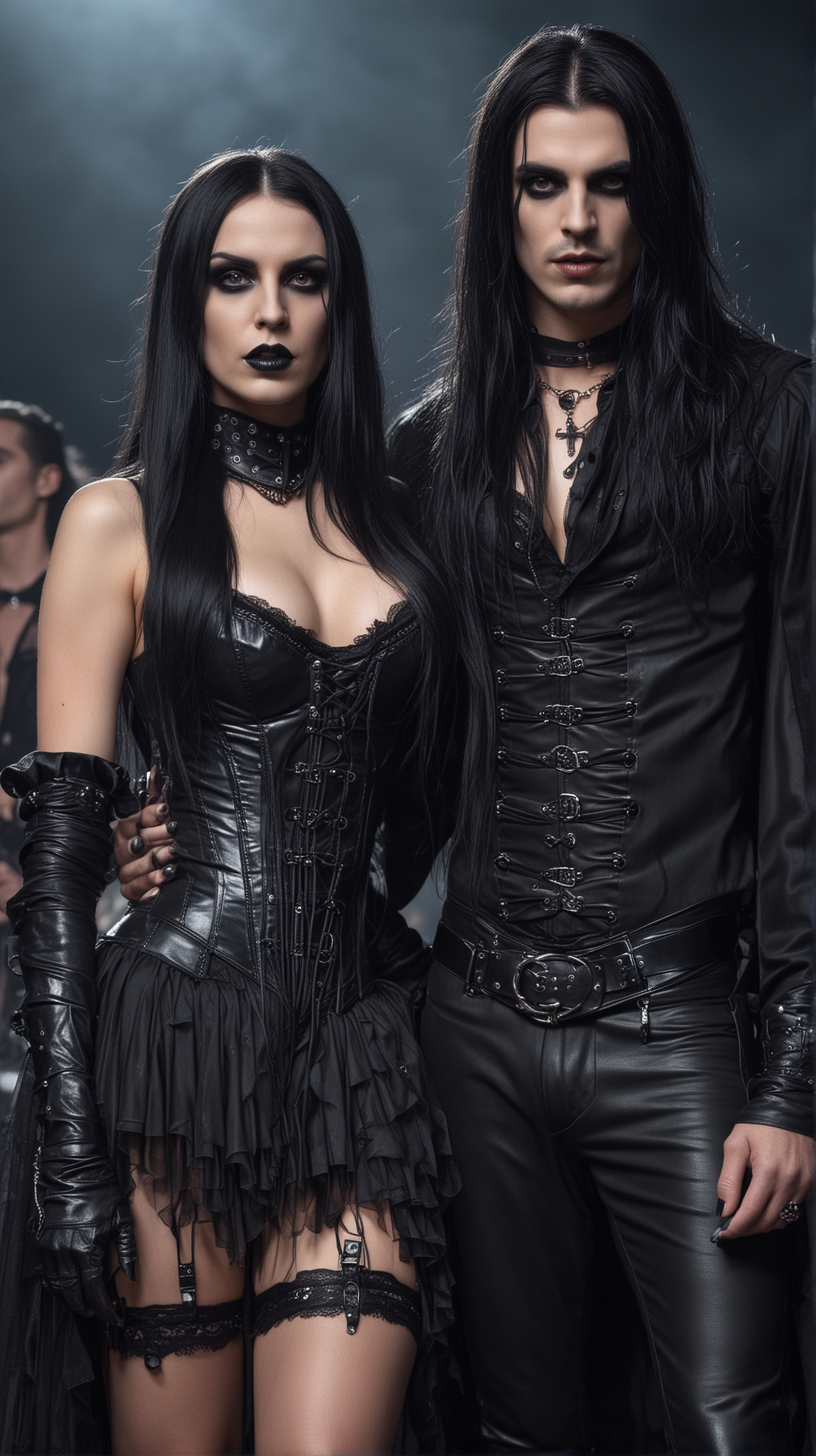 gothic man and woman, Long black hair, smokey eye make up, long black nails, latex corset, they are at a rock festival at night, vampire ispired look. 