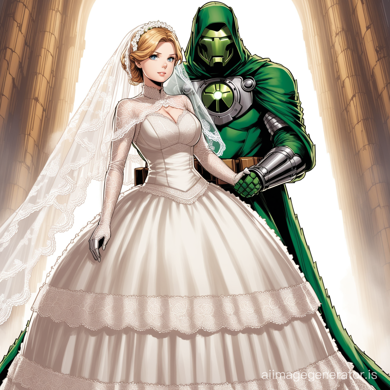 Doctor Doom wedding with Sue Storm in Victorian crinoline dress and lace veil  