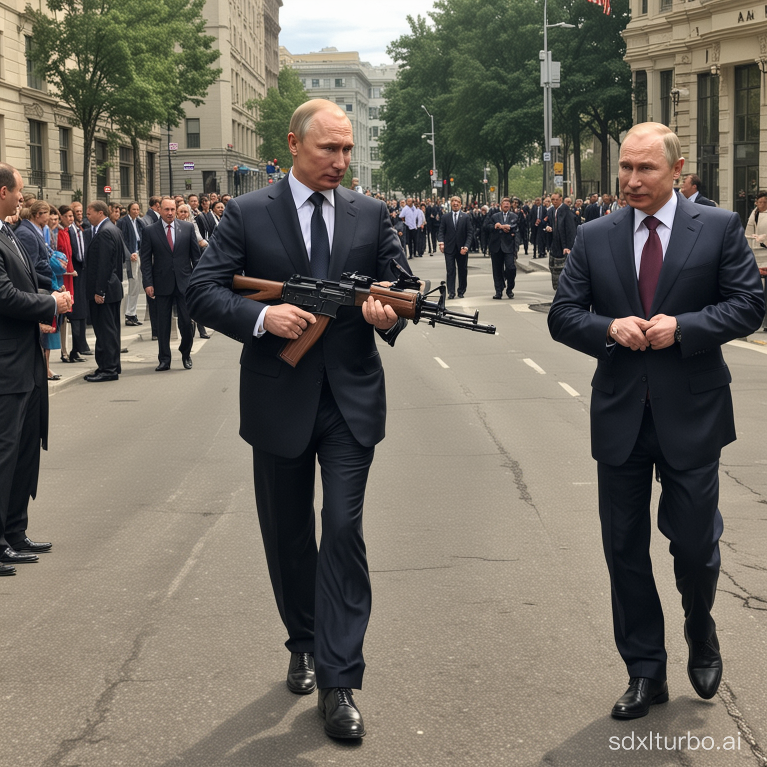 Putin on street in Washington with ak47