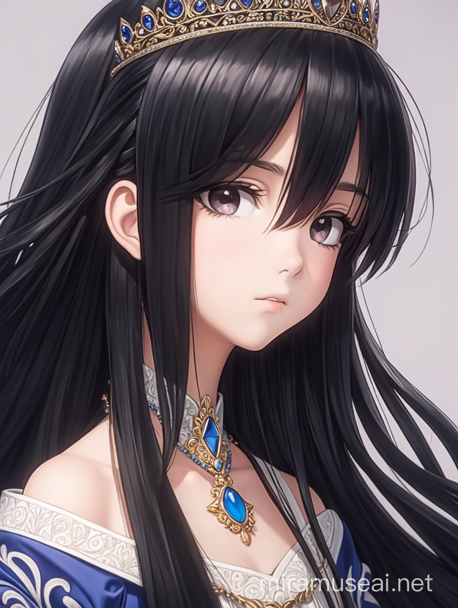 Make me a very detailed anime picture of a royal princess with long black hair.