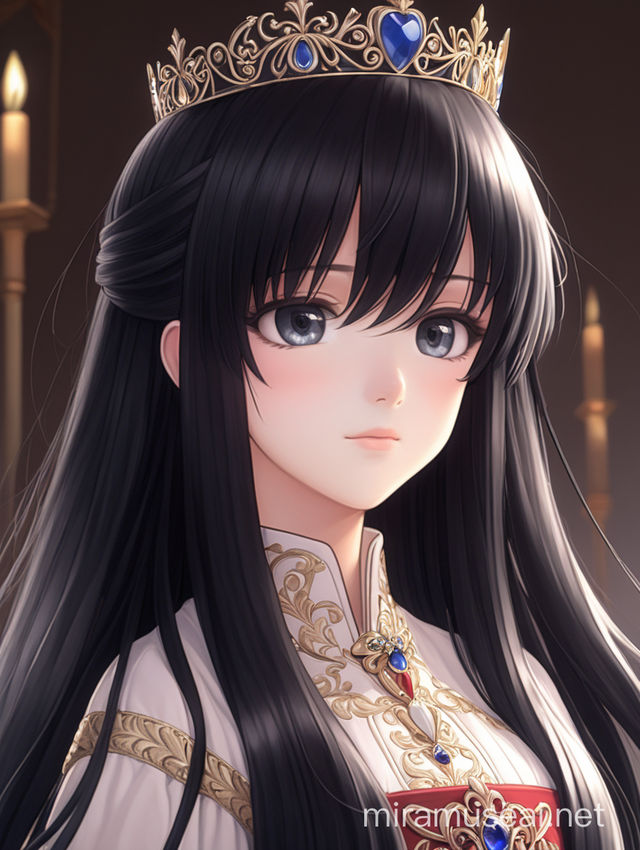 Make me a very detailed anime picture of a royal princess with long black hair.