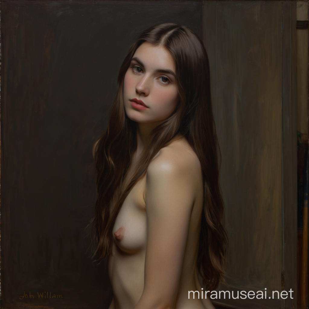 Nude portrait of a girl with long aubrn hair in an artist studio...[John Willam Waterhouse]