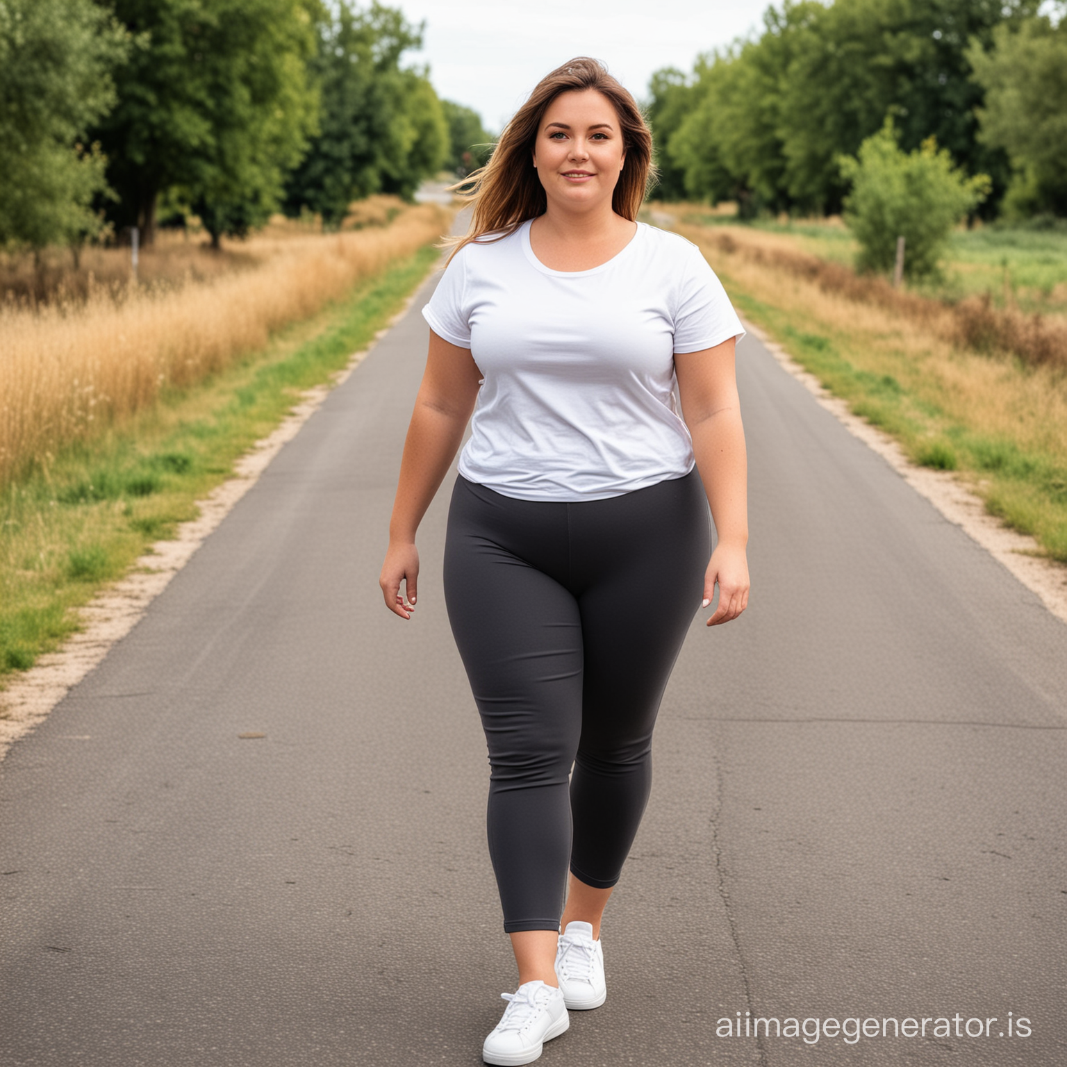 Cute chubby thirty years old woman in dark grey cropped leggings with white t-shirt walks on a rural street alone