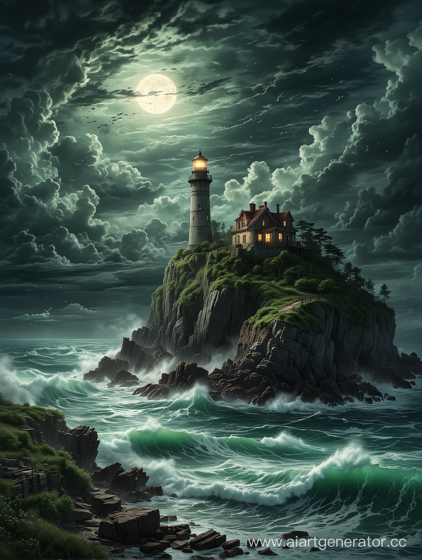 A breathtaking illustration of a night scene, depicting in the foreground a large, ancient, long-abandoned lighthouse perched on a rocky island. The lighthouse takes up more than half of the picture. The rocky island is covered in lush green trees, the moon is almost completely obscured by clouds, casting an unearthly glow on the clouds and stormy sea, adding scene of mystery. This enchanting work of art captures the stormy beauty of a stormy sea, an abandoned and dilapidated lighthouse stands resolutely amid the celestial beauty, creating a cinematic experience., illustration, cinematic