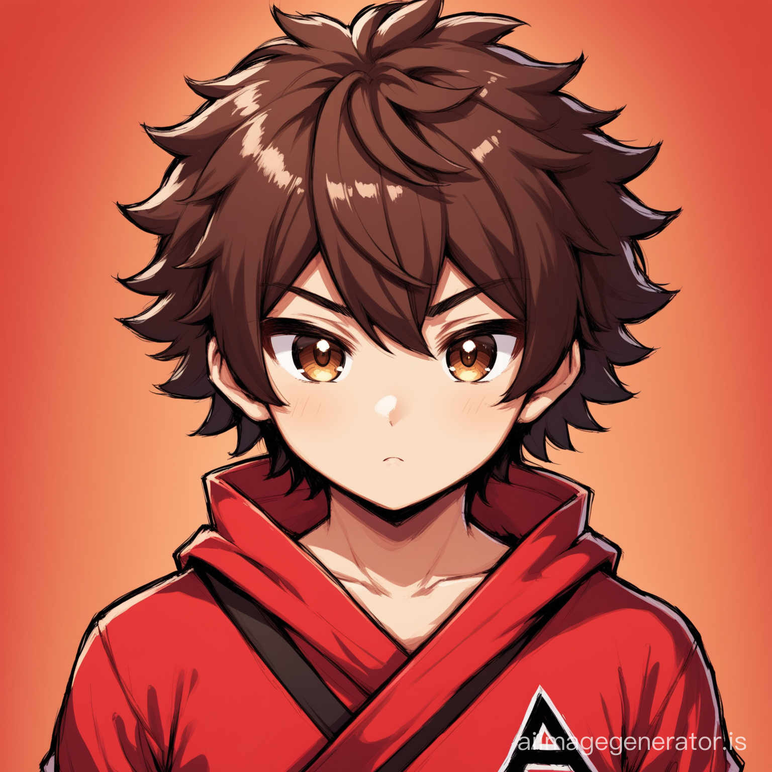 Ninja boy with Brown Fluffy Hair and Brown Eyes wearing all Red with an A on the middle of his shirt