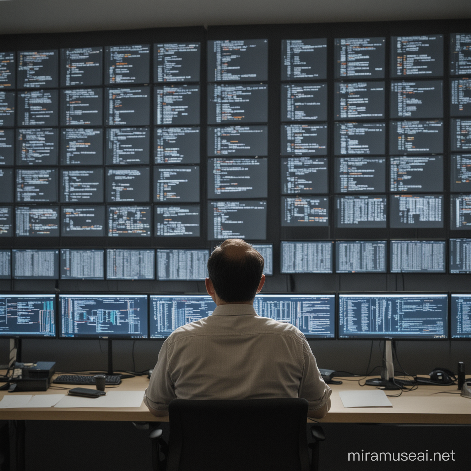 A man, around 40years old, seen from the back, coding long lines of code, sitting in front of a wall of 30 screens. 