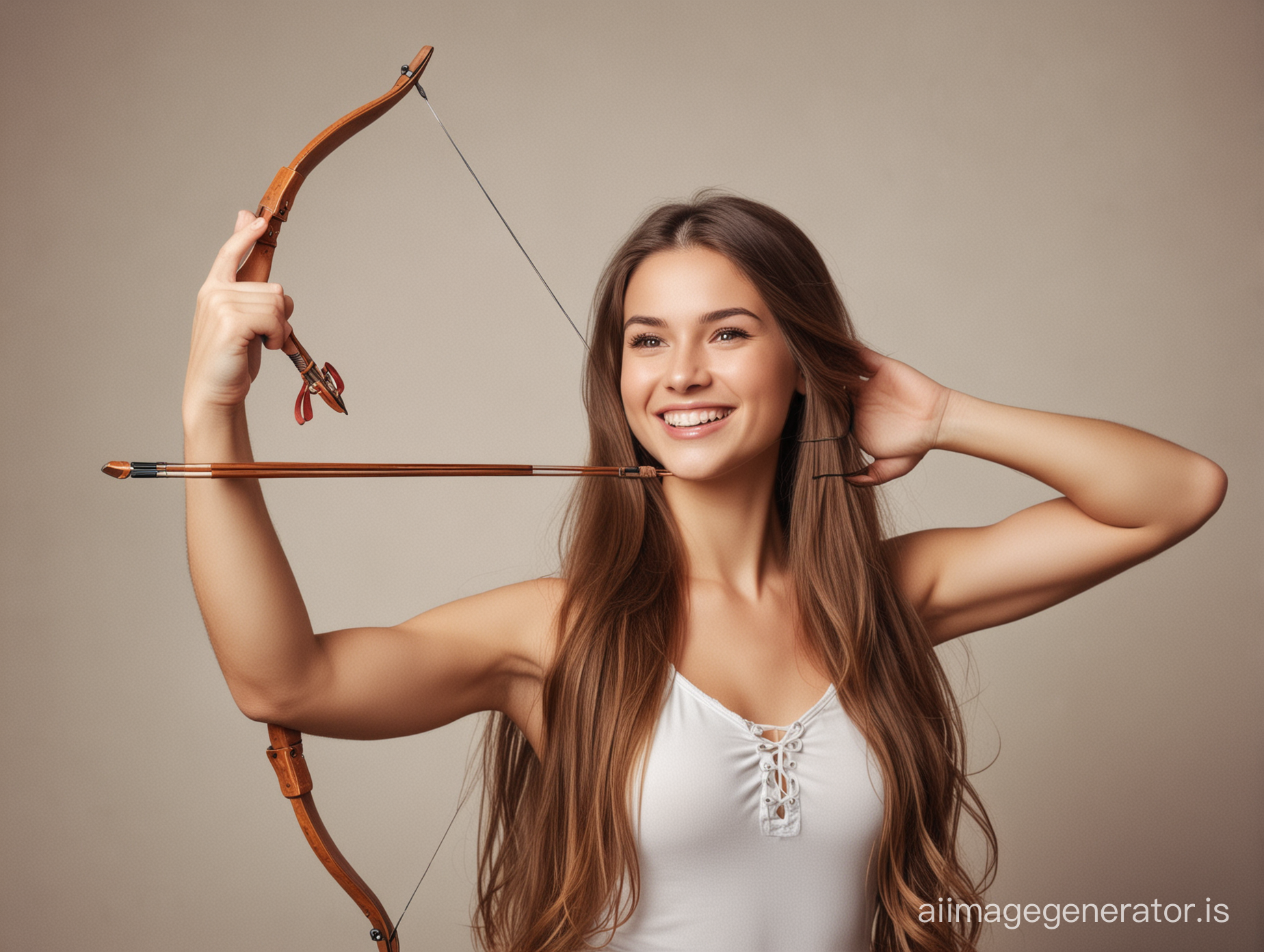 A man is pointing up with his right hand.  She holds a bow in her left hand.She has a sweet smile on her face and long hair.Actual photo.