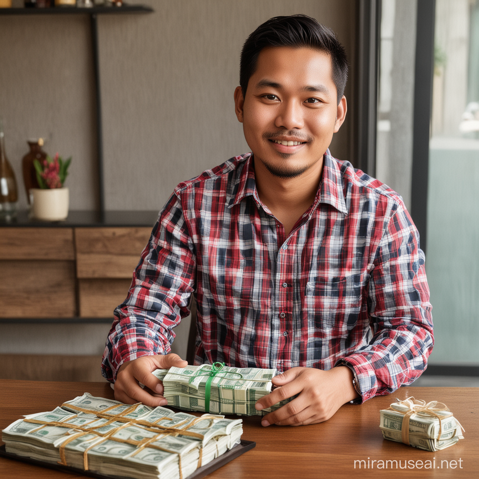 Indonesian Man Holding Money and Gift Package at Cafe