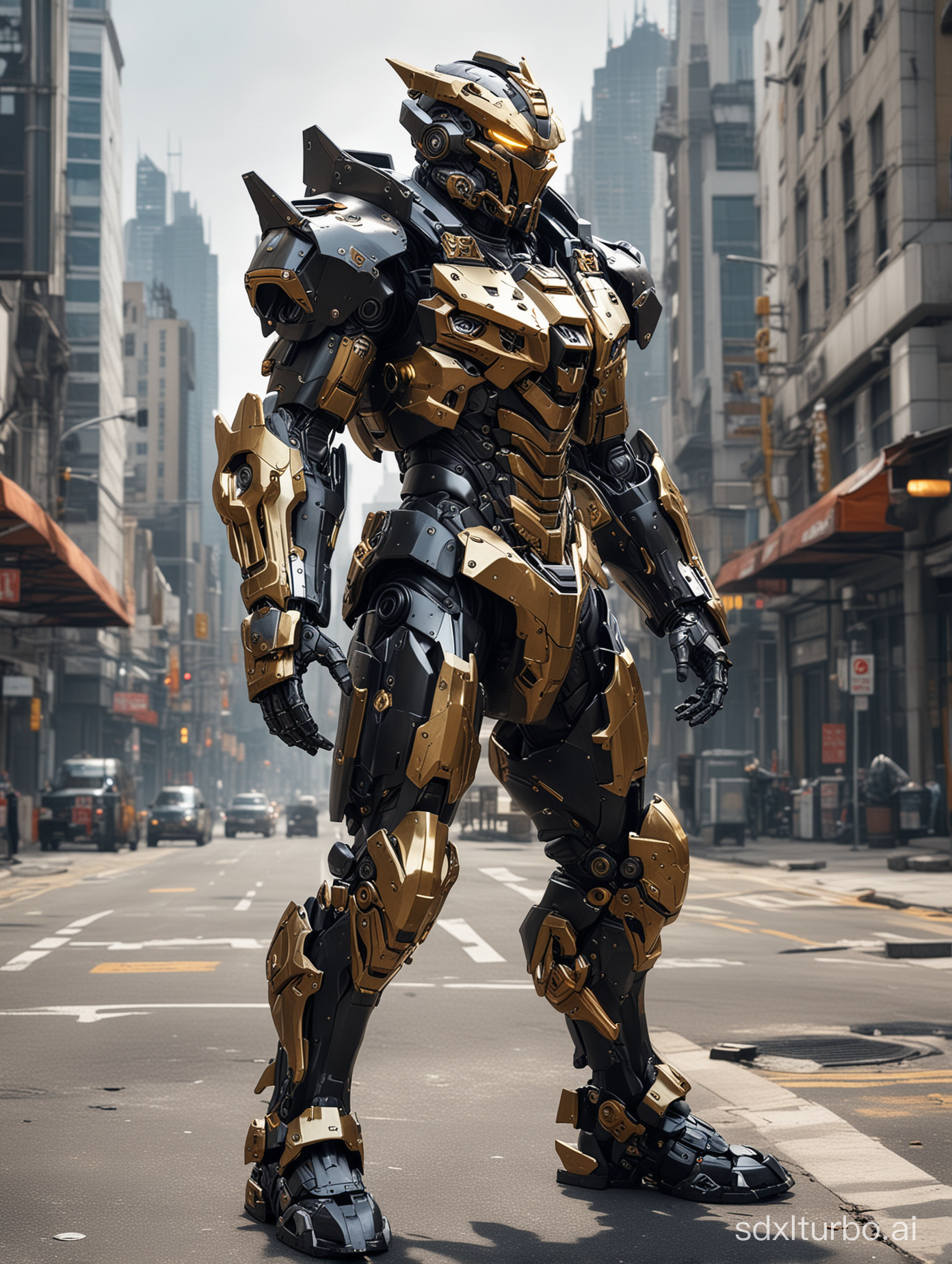 a man in hood armor, dynamic knelling pose, mecha, black heavy armor with gold trim, from arknights, barbatos mobile suit, armored core style mecha, wears a suit of power armor, photorealistic, details, maximalist, futuristic city background,