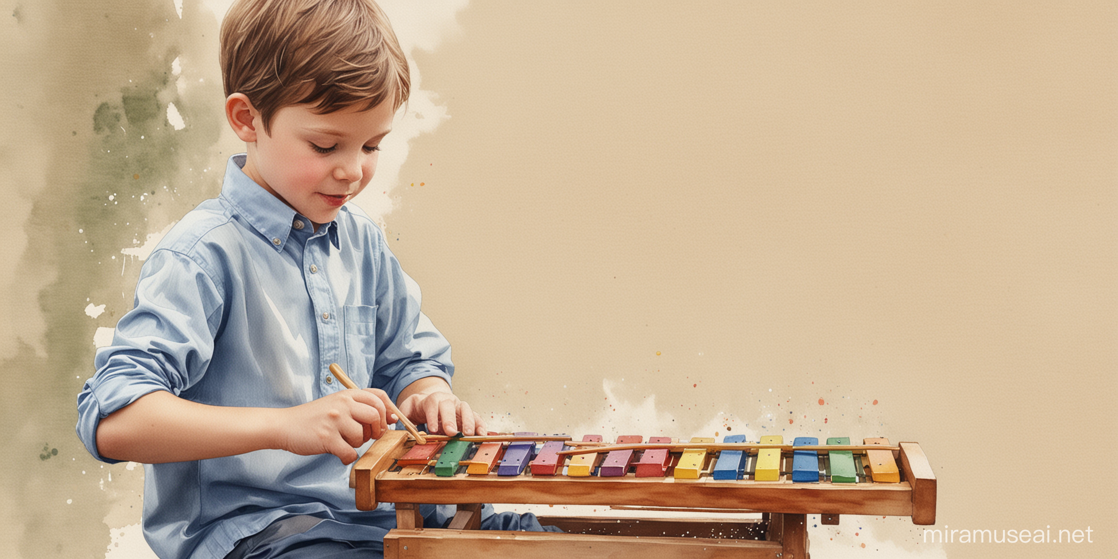 Vibrant Watercolor Painting of a Joyful Boy Playing a Colorful Xylophone