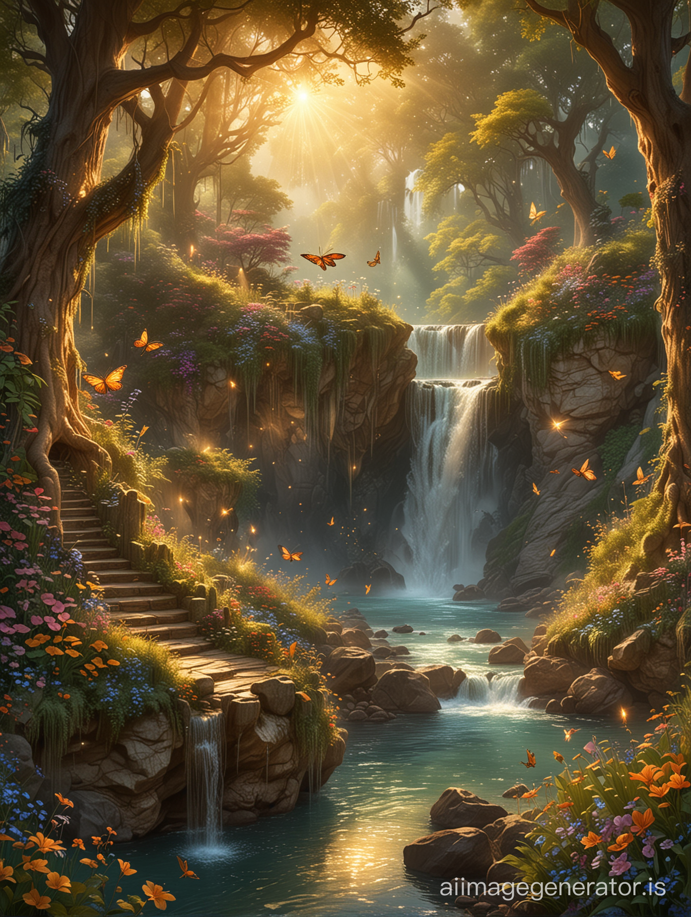 Fairytale, beautiful scenery, waterfalls, golden light, big trees, Fairy folk, Fireflys, light, Colorful flowers , and river, Fantasy