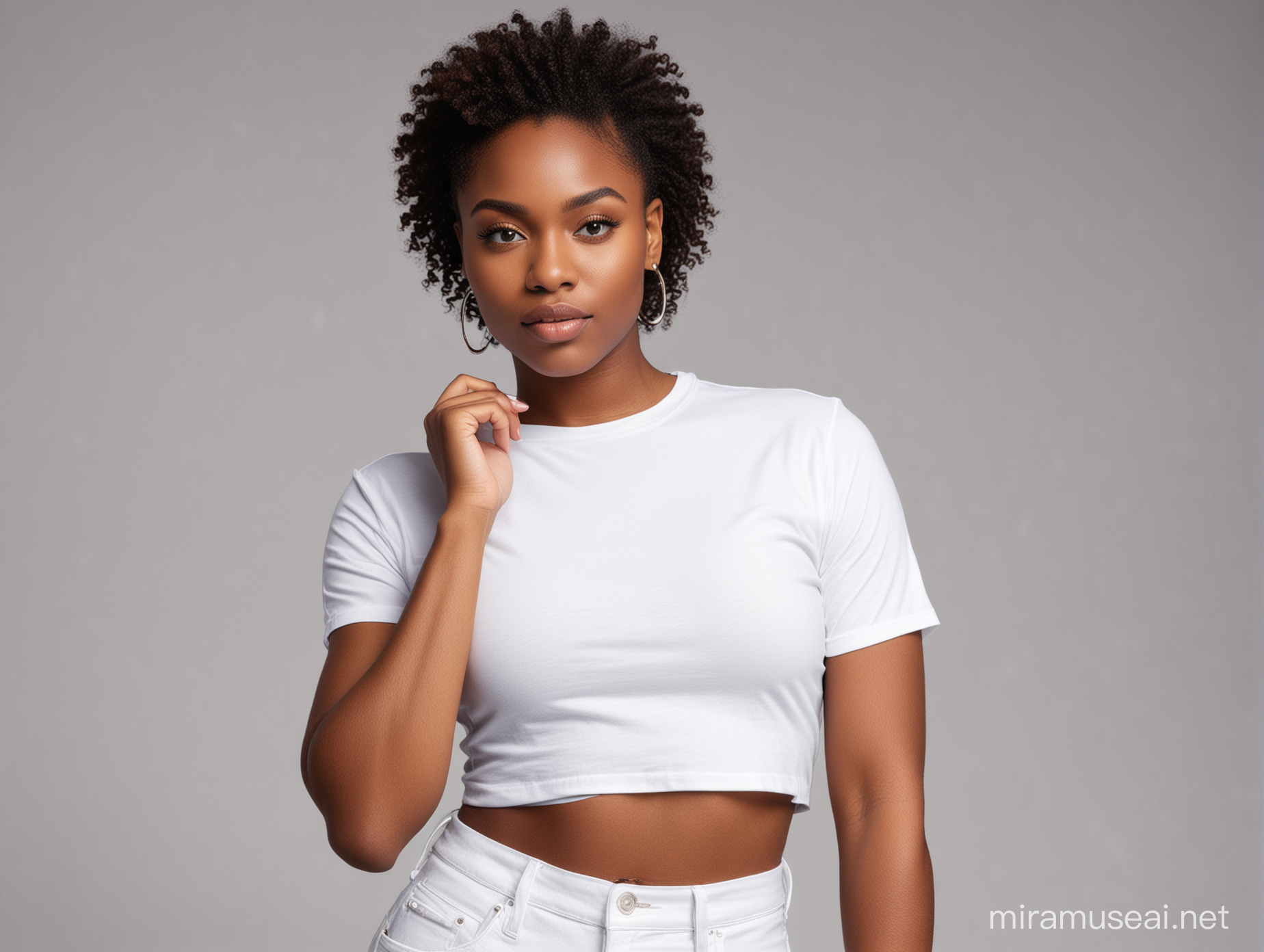 A beautiful black woman model wearing a blank white crop top t-shirt