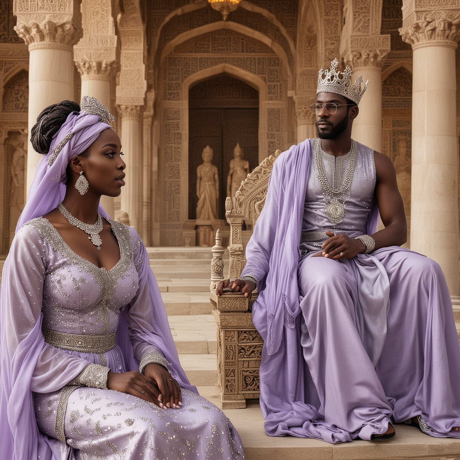 a persian black king on a throne in a temple talking towards his people as his black queen walks. The queen as gorgeous black skin , as she wear a lavender head wrap and crown of silver along with a silver and lavender dress.