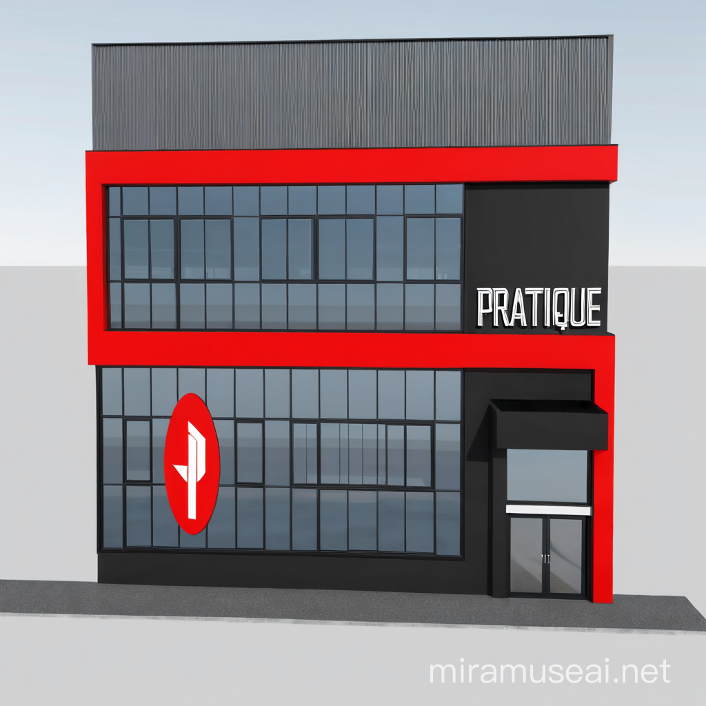 render the facade of the gym building, with a white logo reading "pratique", red frame, with mirrored windows and walls painted black. show the entire building
