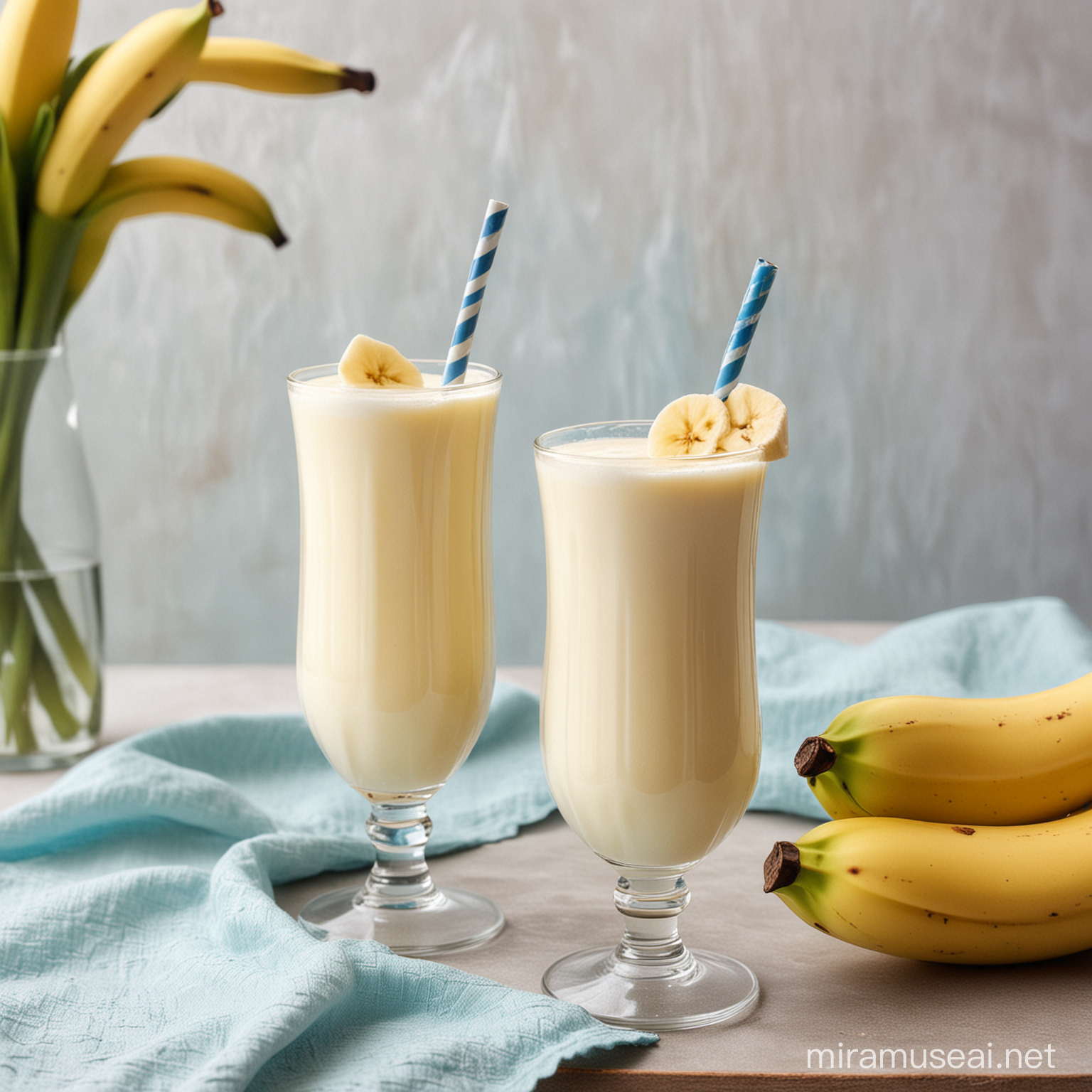 Refreshing Banana Milk Drink with Blue Java Bananas on White Tablecloth