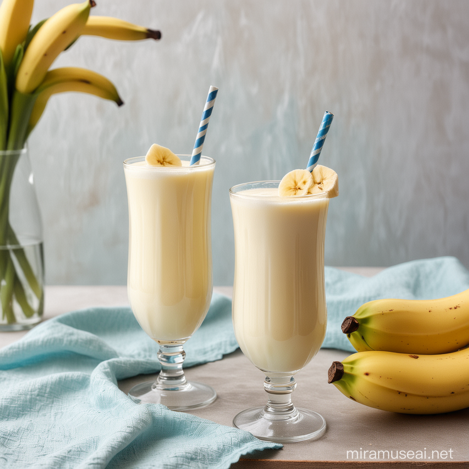 erstelle ein foto mit einem Tisch und weisser Tischdecke. Darauf steht ein wundervoll geformtes Glas mit Bananenmilch. Ein Trinkhalm steht in dem Glas. Neben dem Glas liegen 5 Blue Java Bananen. 