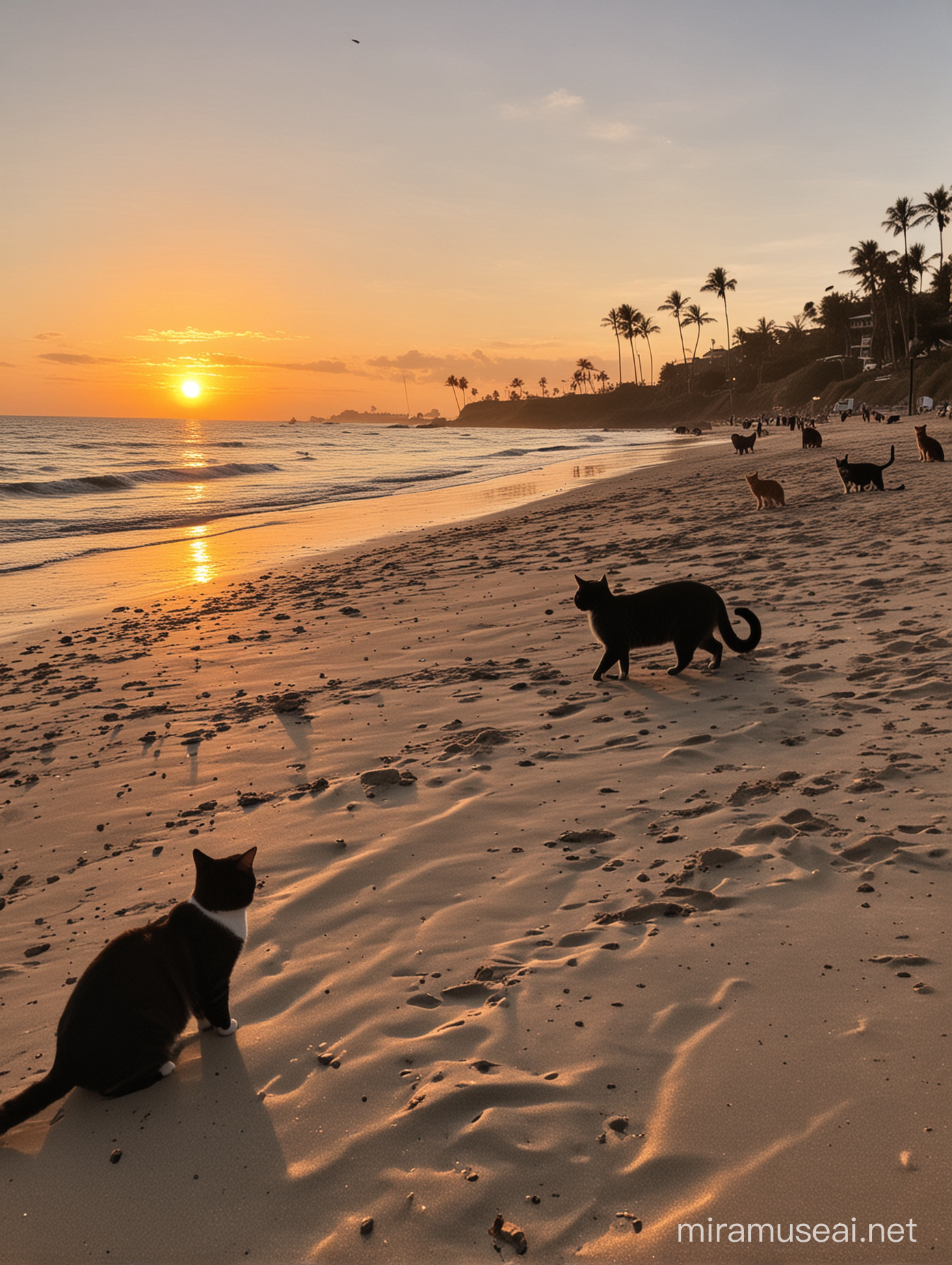 Cats Enjoying a Serene Sunset Beach Stroll