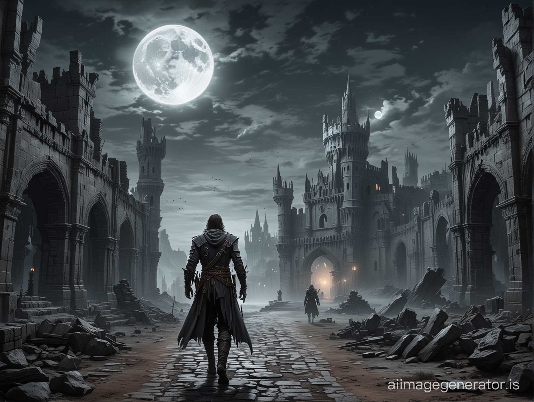 Castlevania inspired man in gray ashen rags, walking through the courtyard of a ruined castle under a full moon