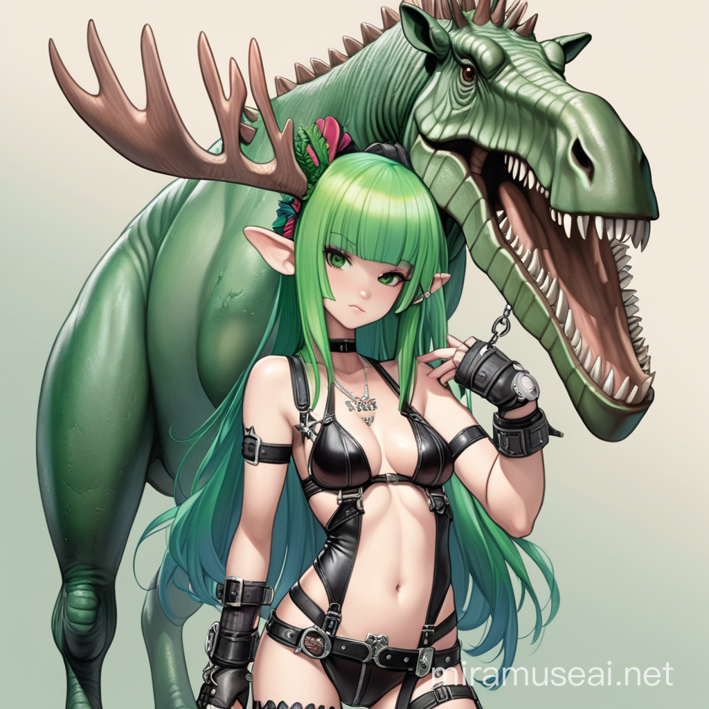 a moose girl dominatrix with Spinosaurus, the moose girl has green hair.