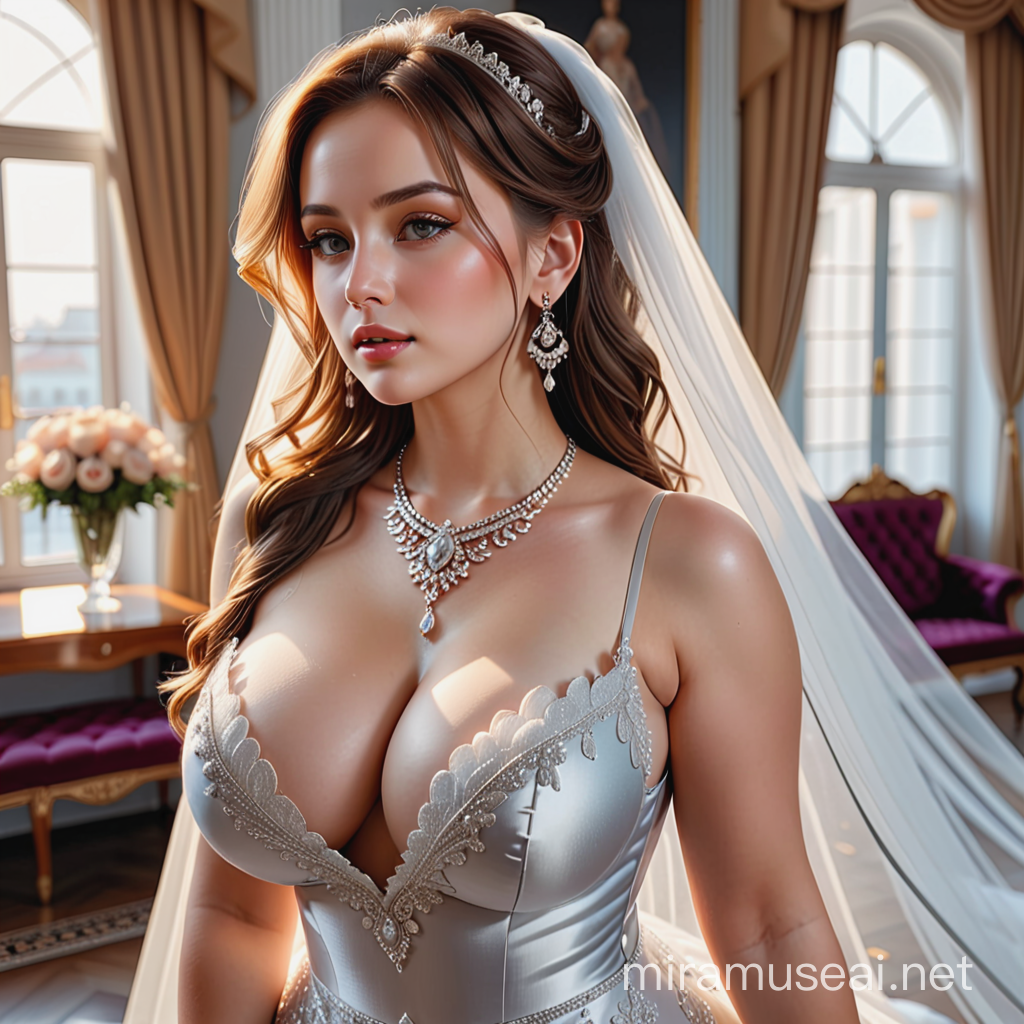 admiring the beauty of this masterpiece, a stunning woman with big breast and silver wedding dress with jewellery.