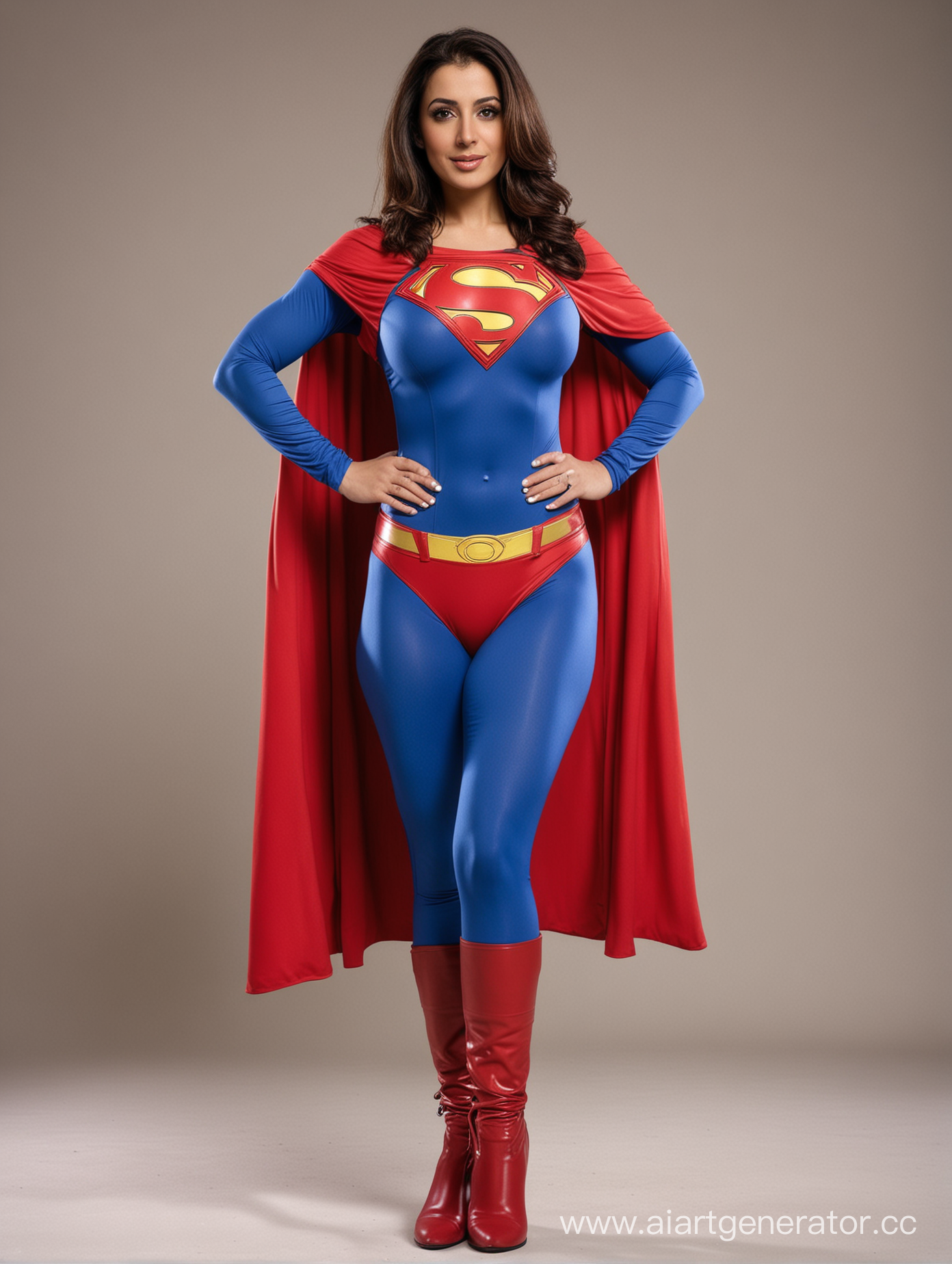 A beautiful Middle Eastern woman, age 38, she is confident and proud, her body is very muscular, she is wearing the classic Superman costume with blue spandex leggings, red briefs, red boots, red cape