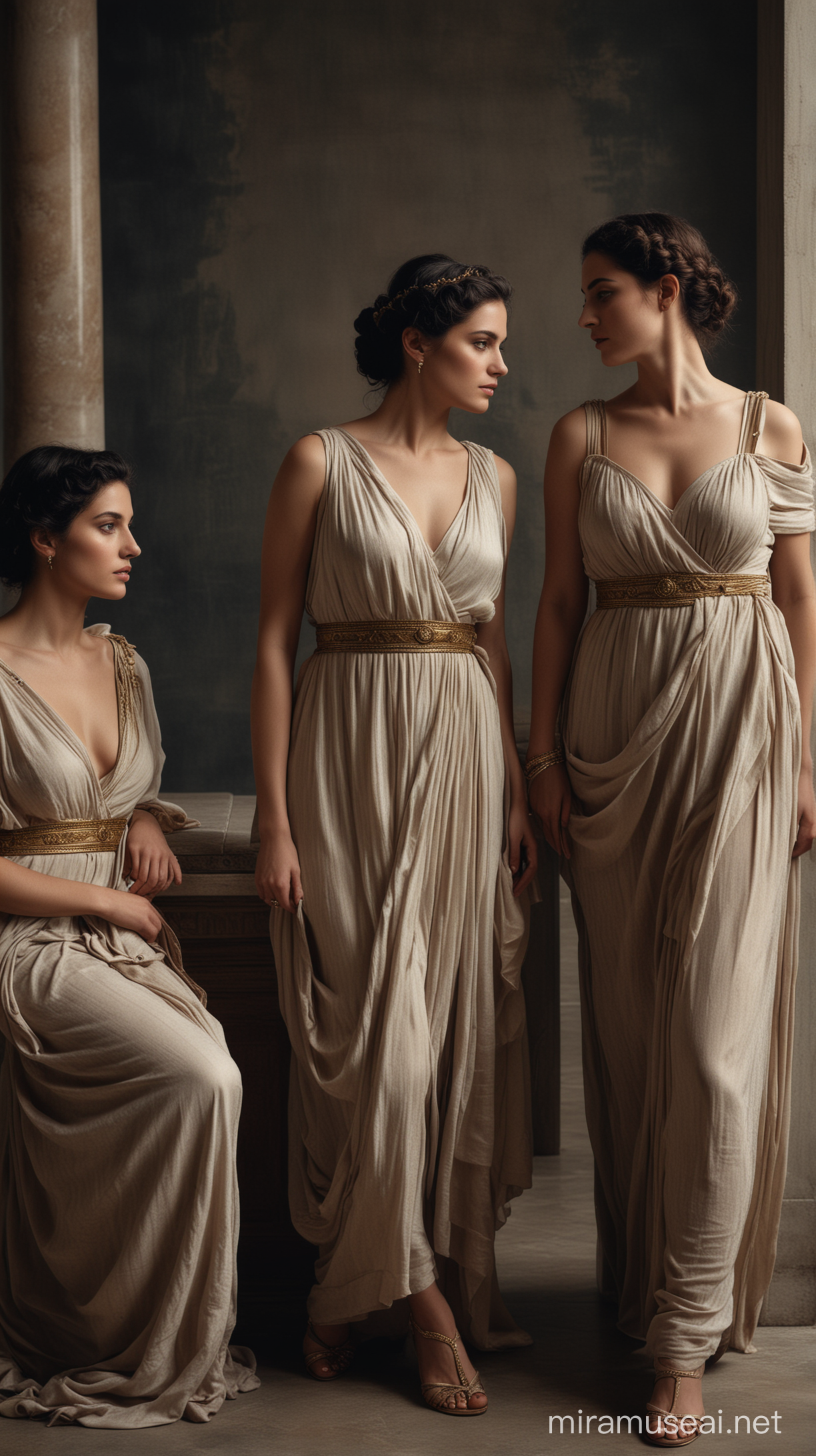 Three (((women))) dressed in classical attire from ancient Rome, exuding an air of sophistication and sensuality against a (subtly moody backdrop), embodying a timeless sense of elegance and sex appeal