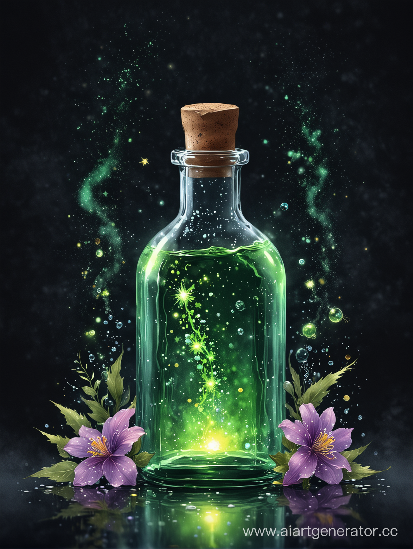 potion bottle, glowing greenliquid, bubbles, sequins, sparks of magic, flowers around the bottle, on a dark background, stars, watercolor, 4k