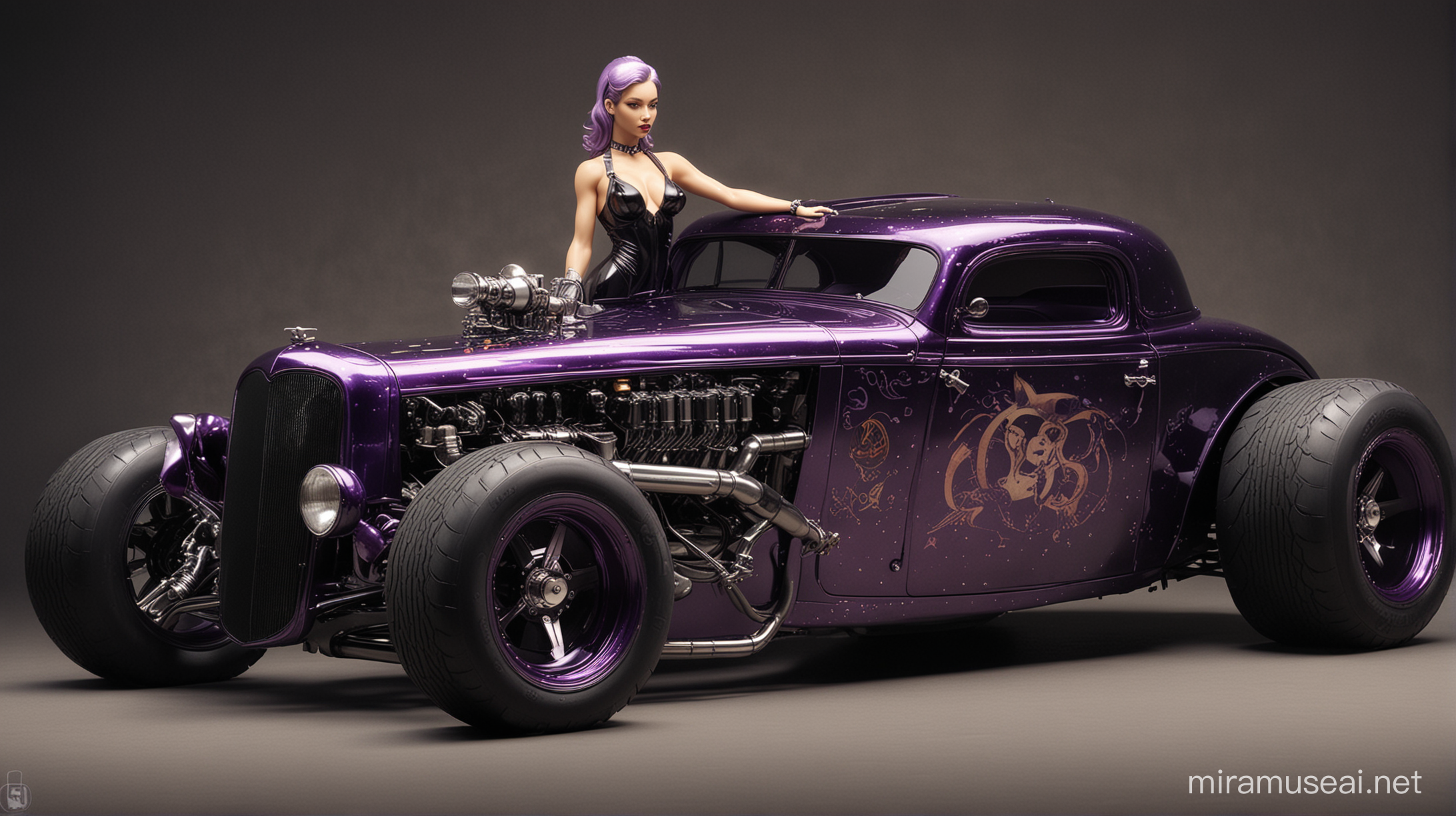  On a beautiful custom Rat - Rod 1935. 3 - window coupe, with black - purple pearl paint, with fat rear slicks. Far away towards the viewer,  stands a super - future, sensual brutal hybrid - mechanical love porcelain, doll. She beauty exquisite. Wearing the most beautiful silk. Art by Saturno Butto.
