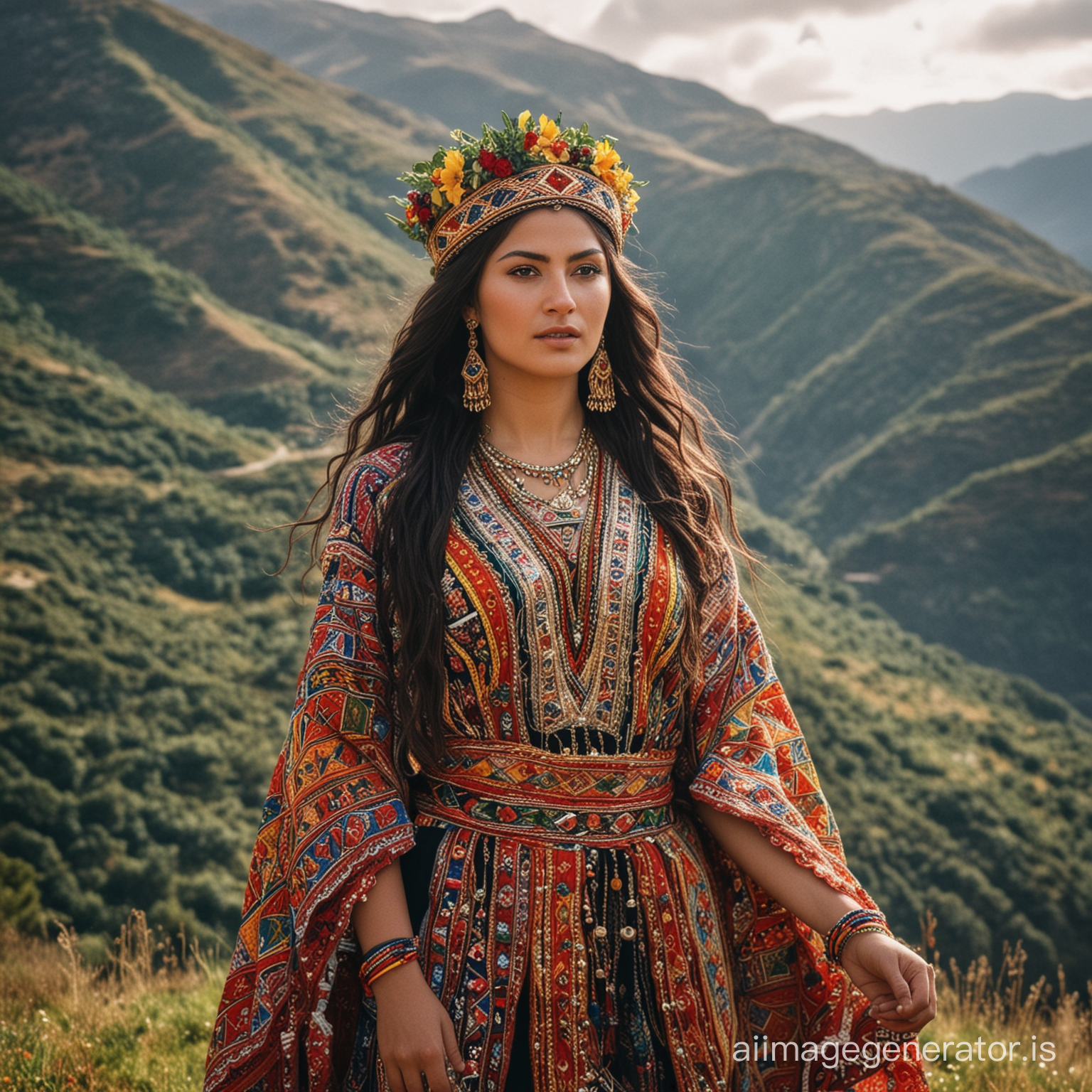 Une photo en couleur d'une belle femme kabyle debout au sommet d'une montagne, portant une magnifique robe kabyle traditionnelle. La robe est richement ornée de motifs colorés et de broderies complexes, mettant en valeur la beauté de la culture kabyle. La femme, avec ses longs cheveux noirs ondulant au vent, porte une couronne de fleurs fraîches sur sa tête, lui conférant une aura de noblesse et de grâce. Derrière elle, les montagnes s'étendent à perte de vue, créant un paysage à couper le souffle. Son regard est empreint de fierté et de détermination, comme si elle était prête à conquérir le monde. Cette image évoque la puissance et la beauté de la culture kabyle, ainsi que la force et la résilience de ses femmes.