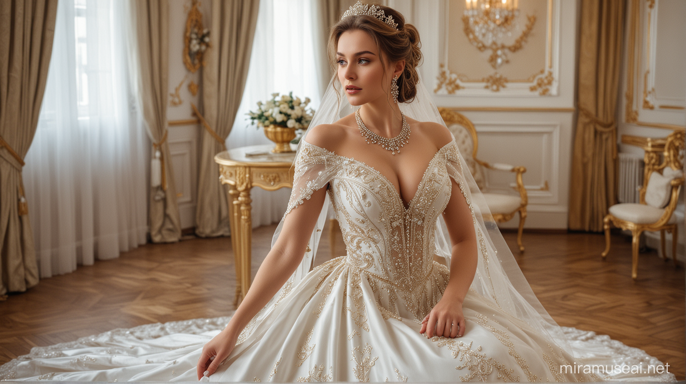 admiring the beauty of this masterpiece, a stunning ukraine woman with big breast and white and golden wedding dress with jewellery.
