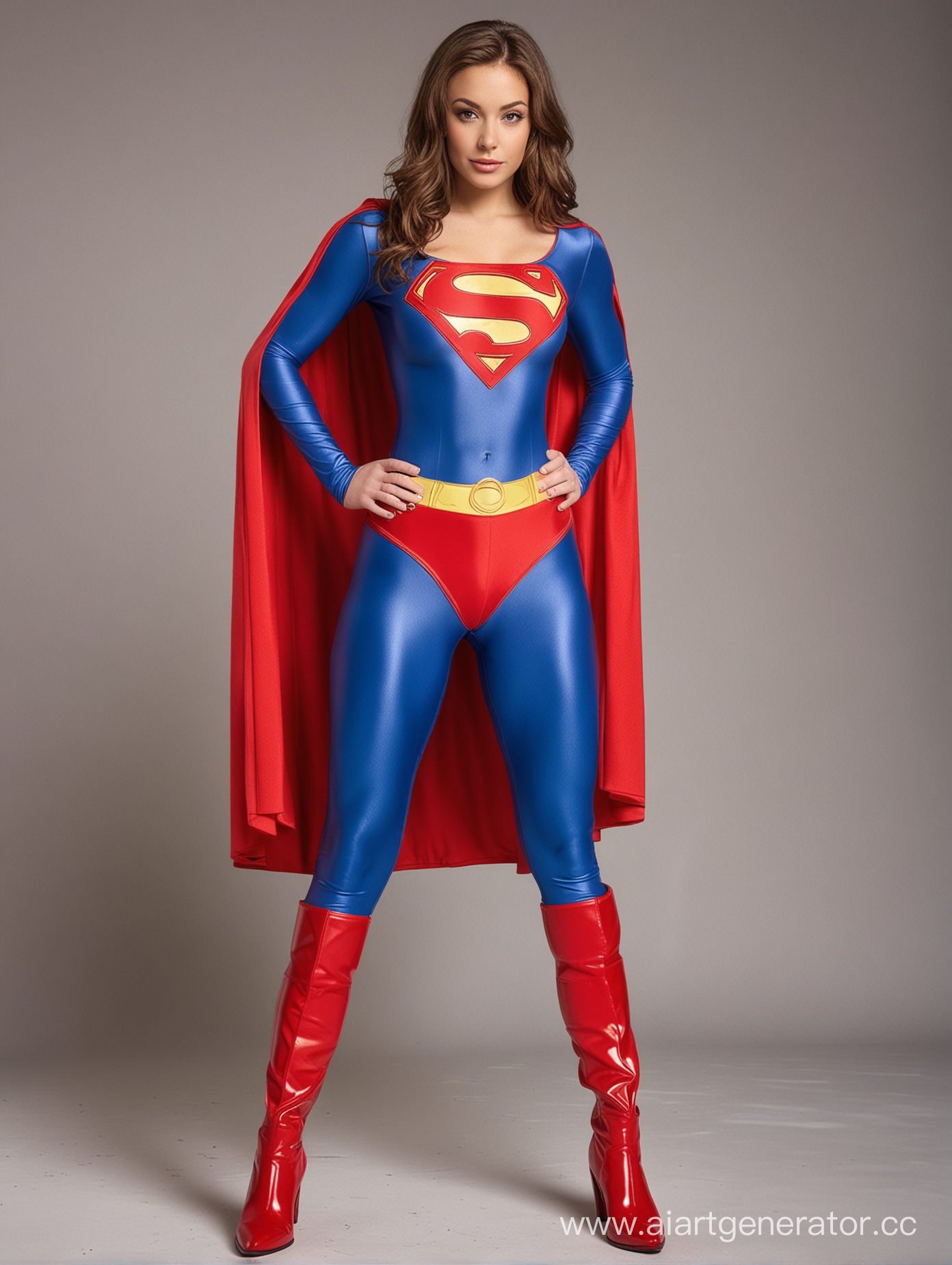 A pretty woman with brown hair, age 20, she is confident and proud, her body is very muscular, she is wearing the classic Superwoman costume with blue spandex leggings, red briefs, red boots, red cape