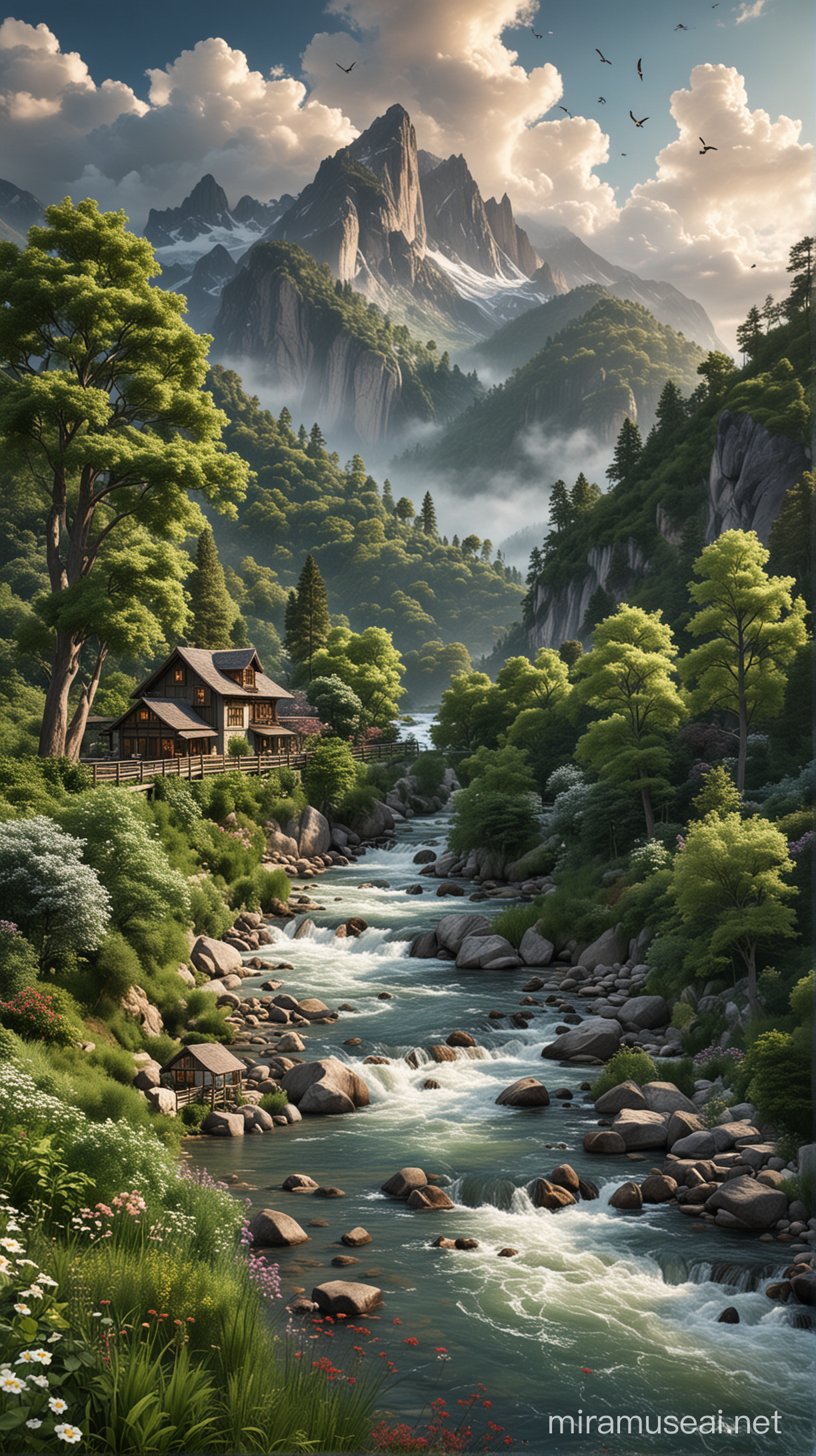 Majestic Mountain Landscape with Tranquil River and Quaint House