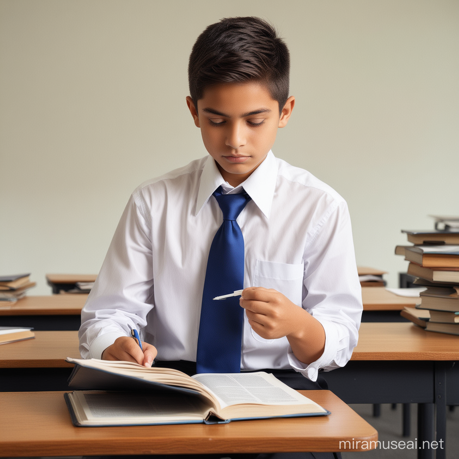 Create an image of small student studying in class room. Book should be in his hand. Unfirm colour=WHite Shirt, Blue Tie and Black pant 