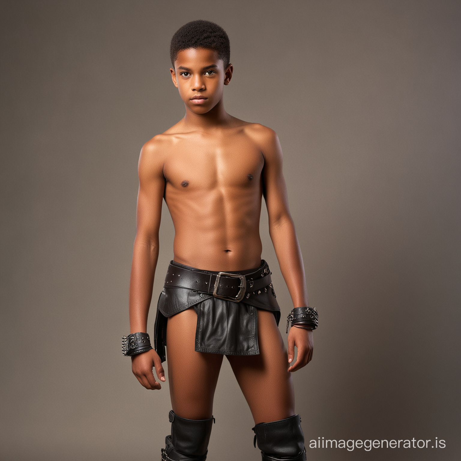 A very young black shirtless teenage boy warrior wearing a very short loincloth, a big leather belt and boots.