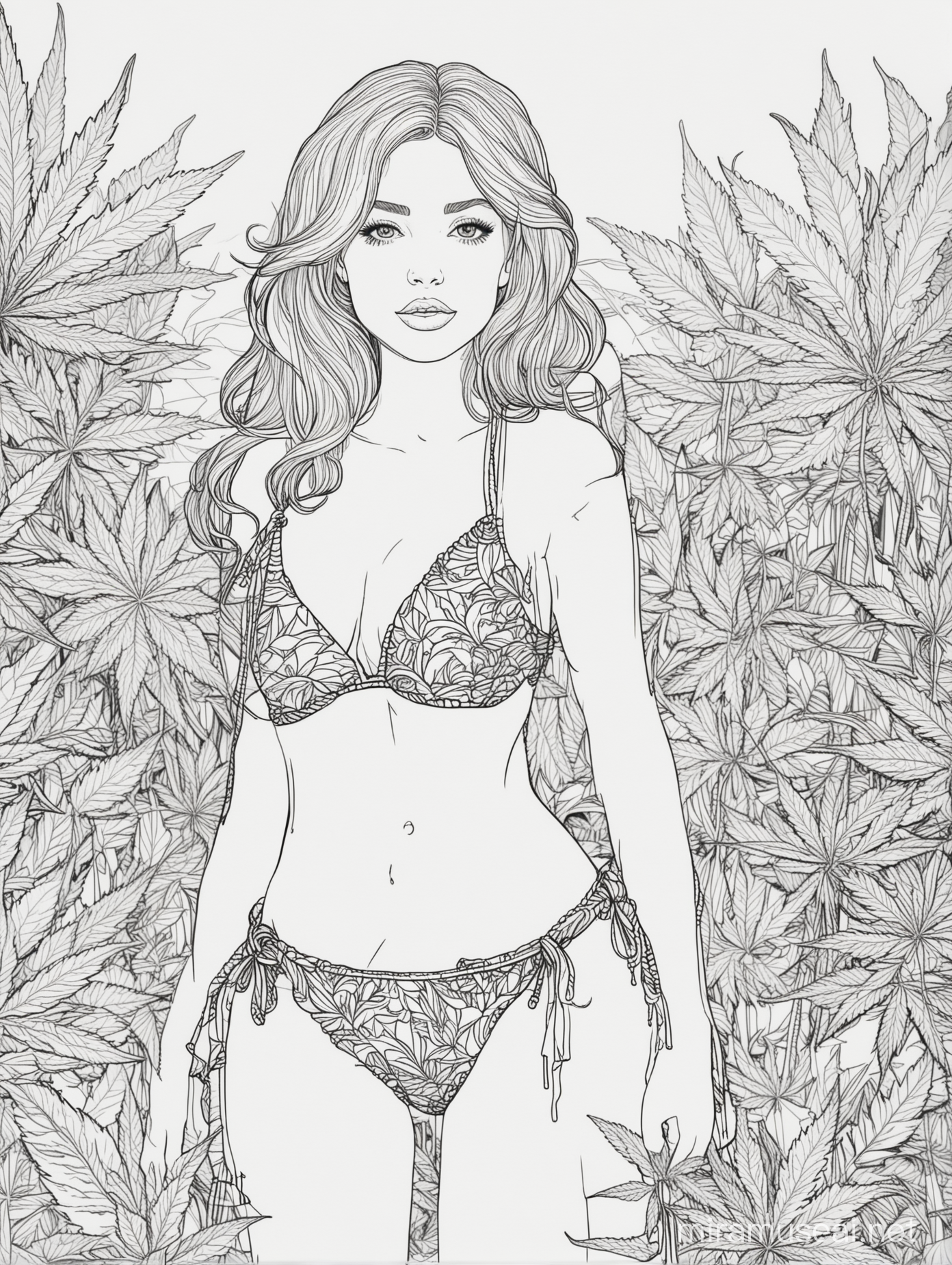 a coloring page of sexy girl wearing bikini with cannabis background, outline, line art