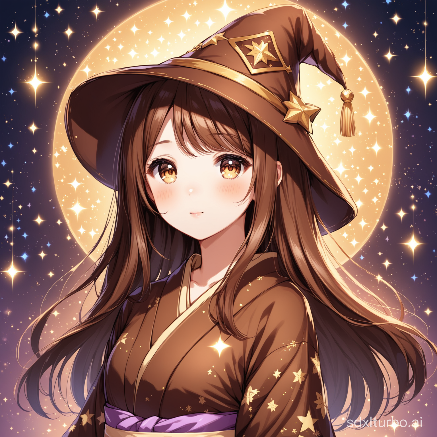 Beautiful girl with brown hair wearing a brown magic hat and kimono 