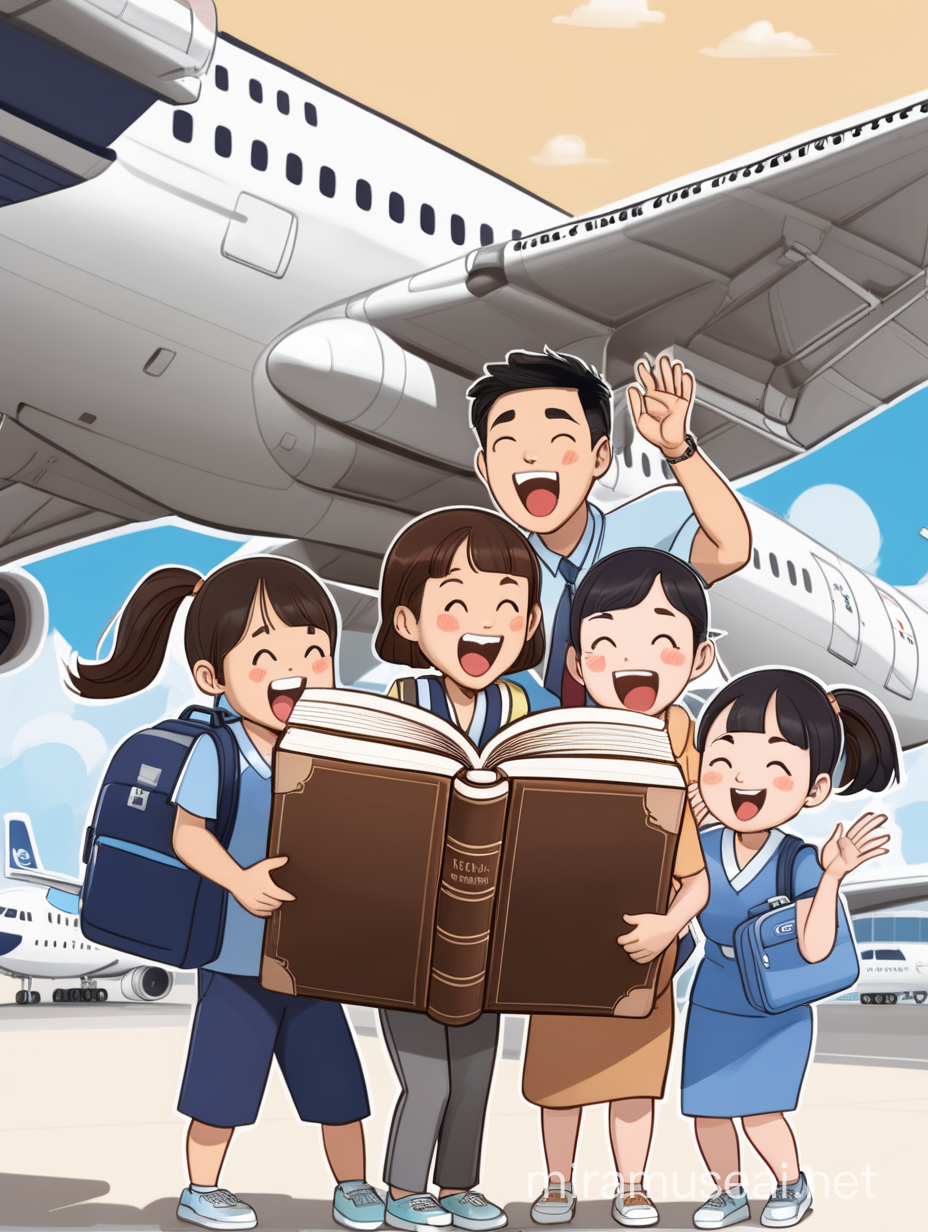 Asian people holding a giant bible having fun getting ready to board a plane